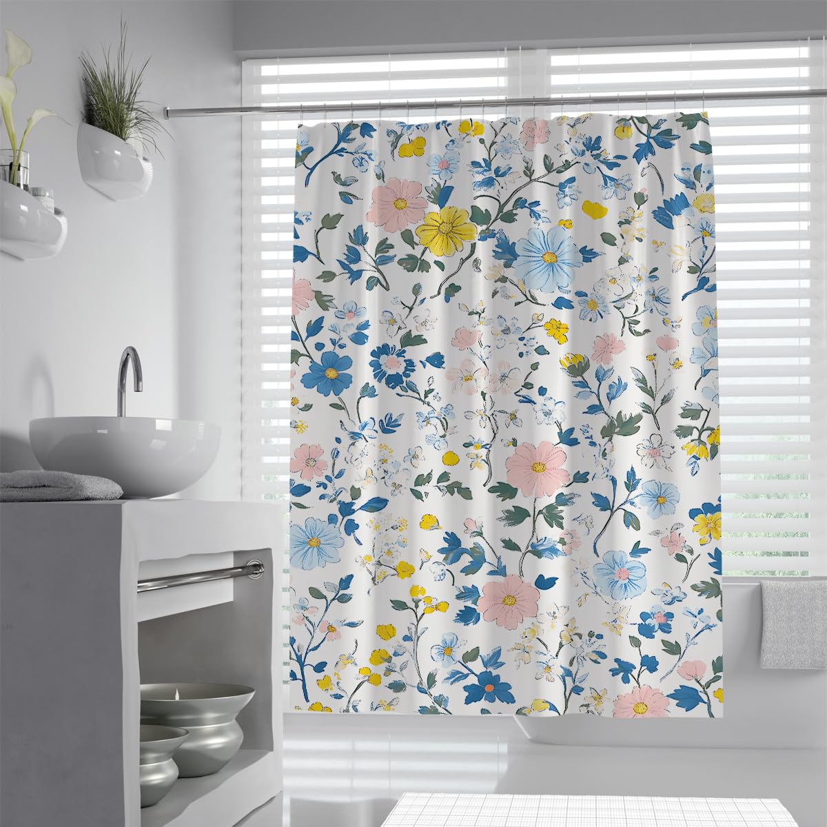 UIRINGART Modern Botanical Bouquet Shower Curtain W150xL200cm Blue Yellow Pink Wildflower Design Mildew Resistant Quick Dry Bathroom Curtain Walk In Shower With Hooks