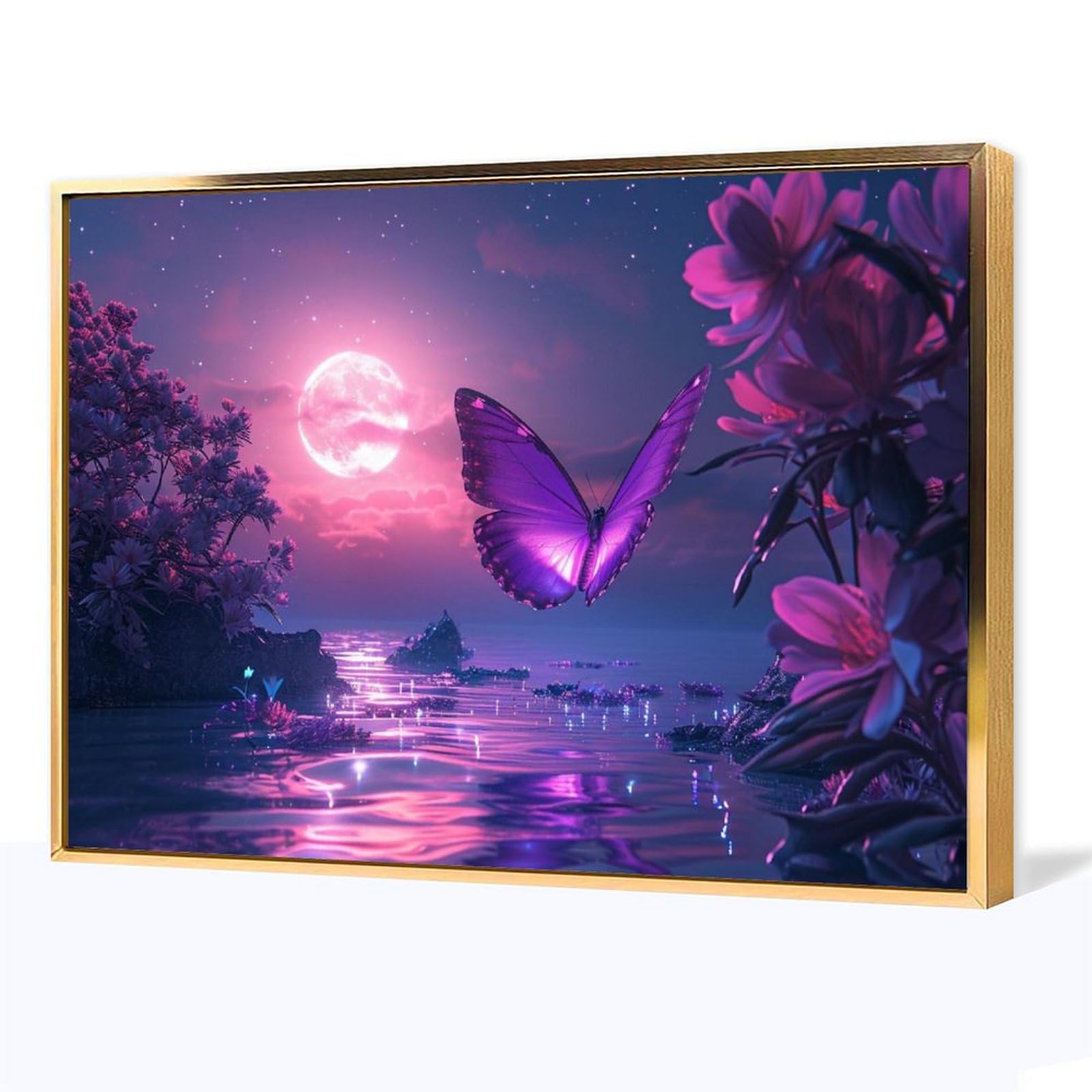 Amazon.co.jp: 絵画 夜に紫色の光の中を飛ぶ蝶インテリア 絵画
