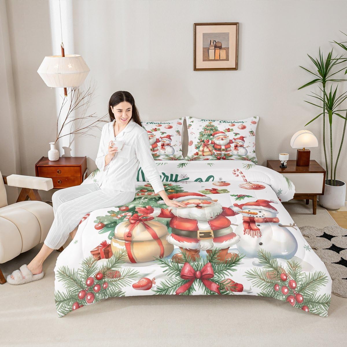 jejeloiu Merry Christmas Comforter Set All Season Cartoon Santa Claus Bedding Set with 2 Pillow Cases Cartoon Snowman Microfiber Kids Full Bedclothes Green Christmas Tree Bedroom Decor Duvet Quilt