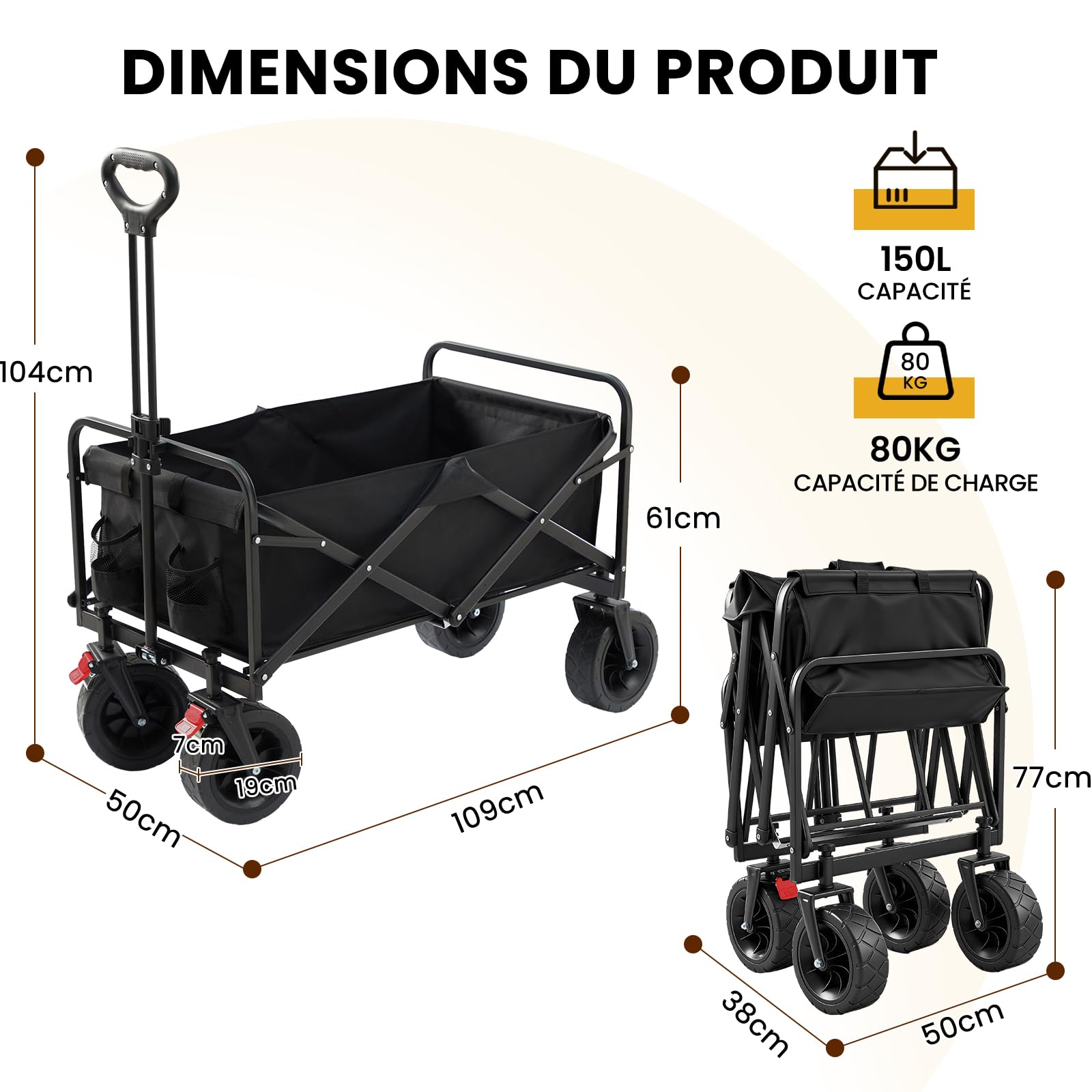 Palawano 150L Chariot Pliable à roulettes, Chariot Pliant de Transport Tout Terrain pour Camping Plage et Jardin, Chariot de Peche avec Freins et Poignée Réglable