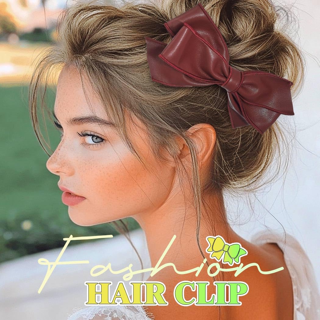 JONKY Bow Hair Clip Leather Hair Barrette Costume Party Hair Accessories for Women (Black+Red)