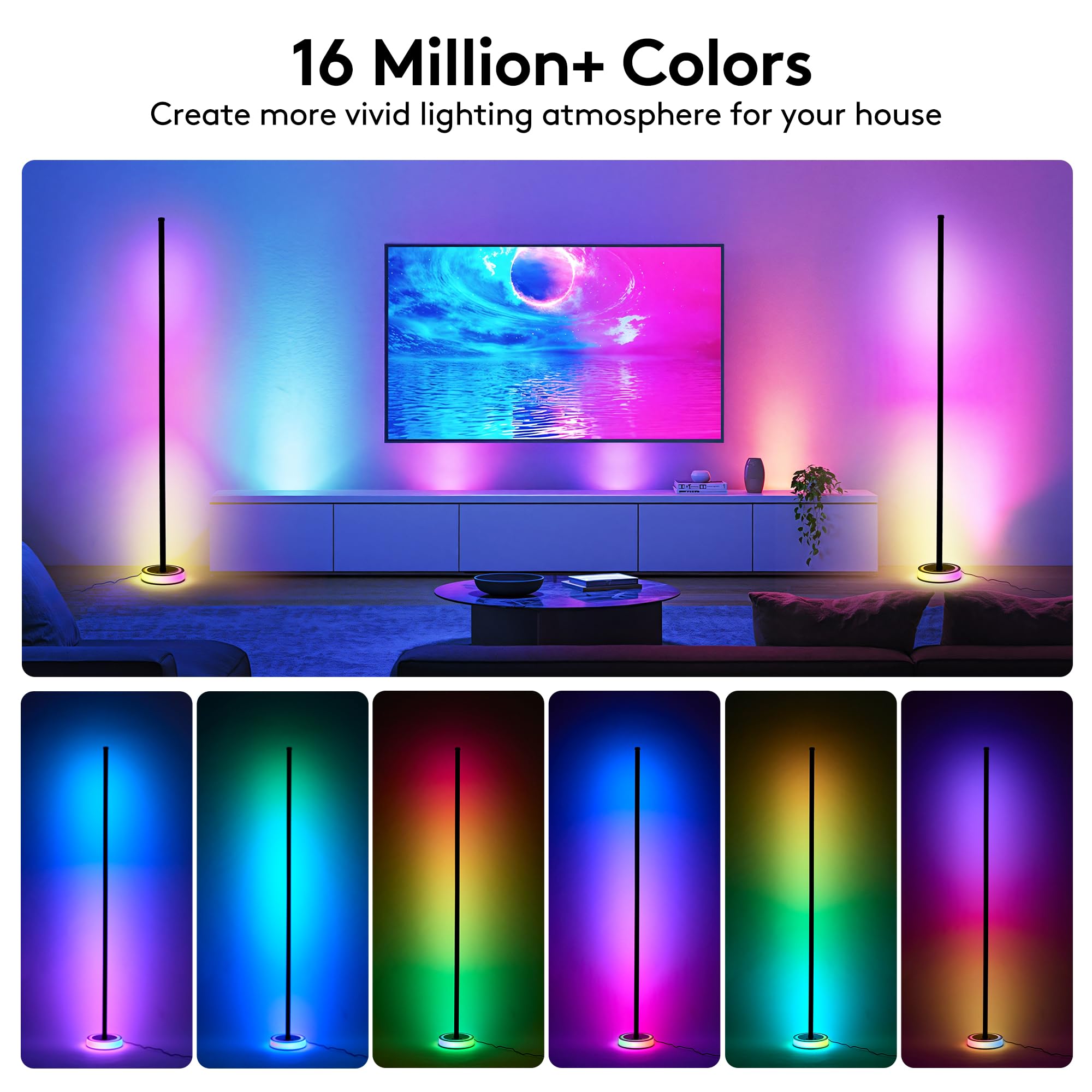 Inteligentna narożna lampa podłogowa LED, 150 cm, RGBICW, zmieniające kolor oświetlenia otoczenia, sterowanie aplikacją, synchronizacja muzyki, nastrojowe światło, nowoczesna ściemniana