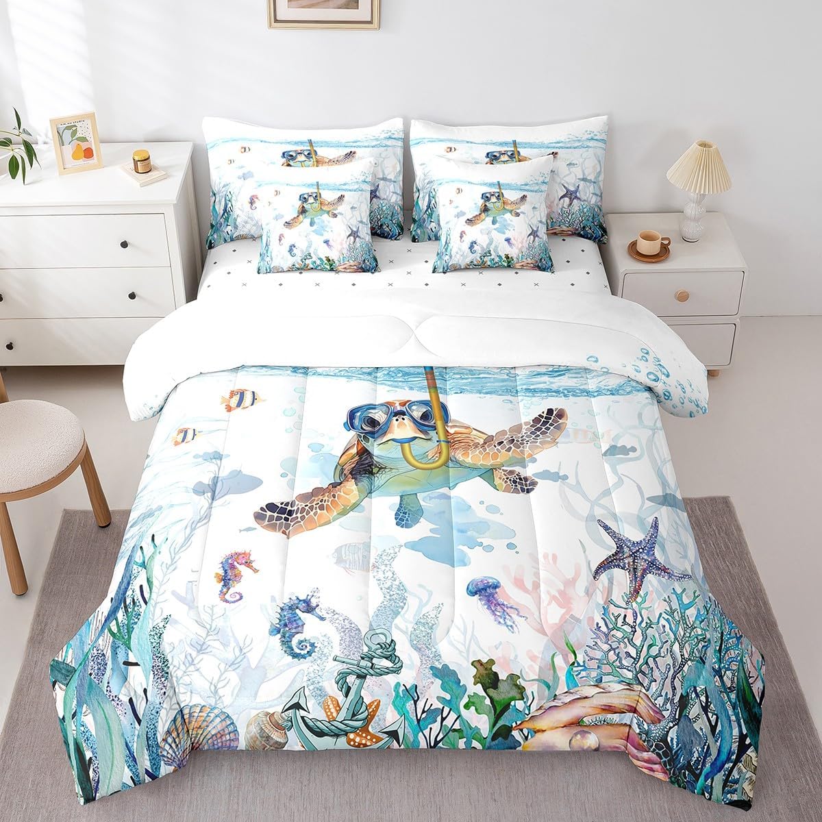 Feelyou Toddler Sea Turtle 7 Pieces Bedding Set Ocean Queen Comforter Set with Sheets for Kids Boys Girls Teens Room Decor Reptile Tortoise Bed in a Bag Coastal Bed Set