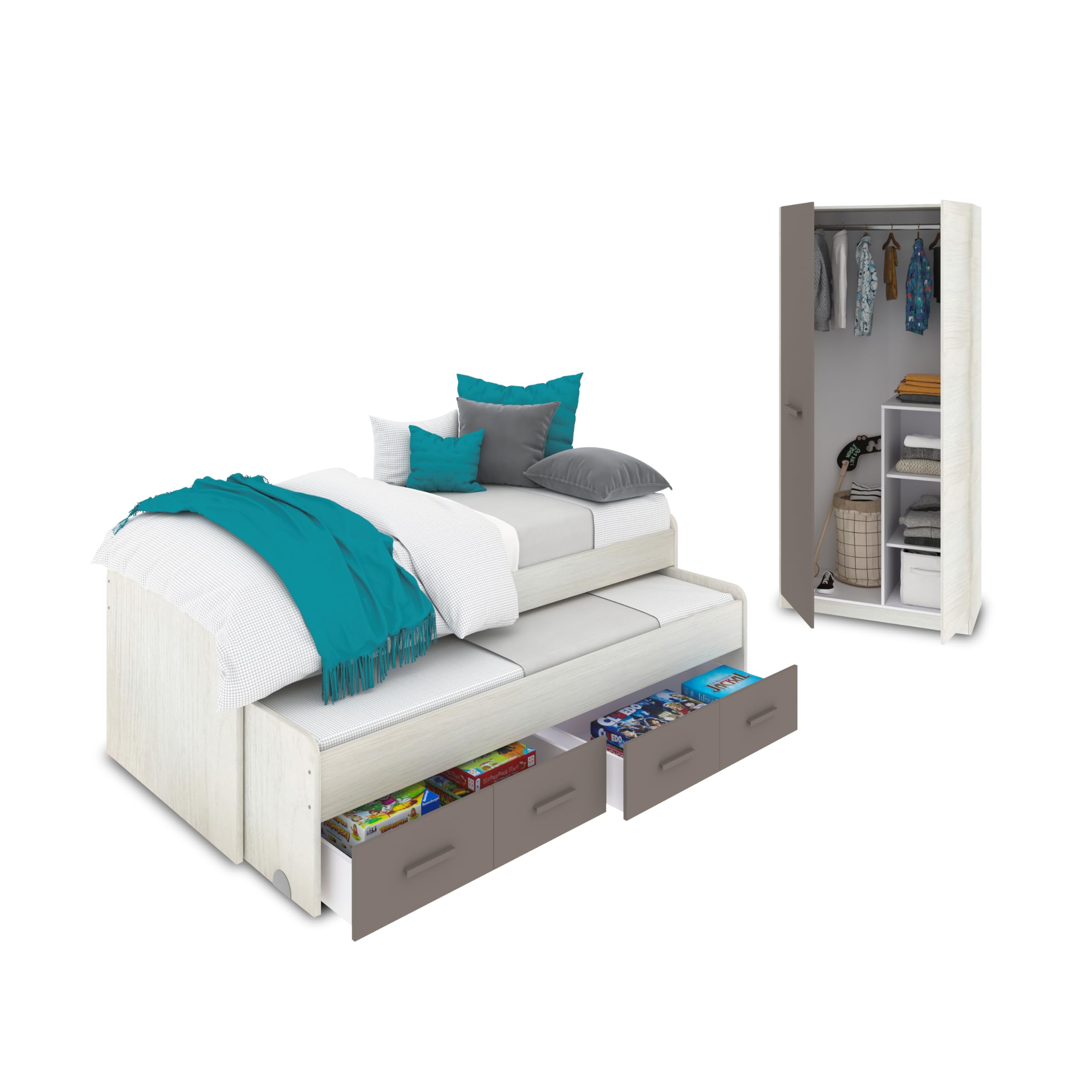 duehome | Pack de Dormitorio Juvenial con Cama Nido Juvenil y Armario, Conjunto de Dormitorio Infantil, Modelo Axim Plus, Acabado en Blanco Alpes y Basalto