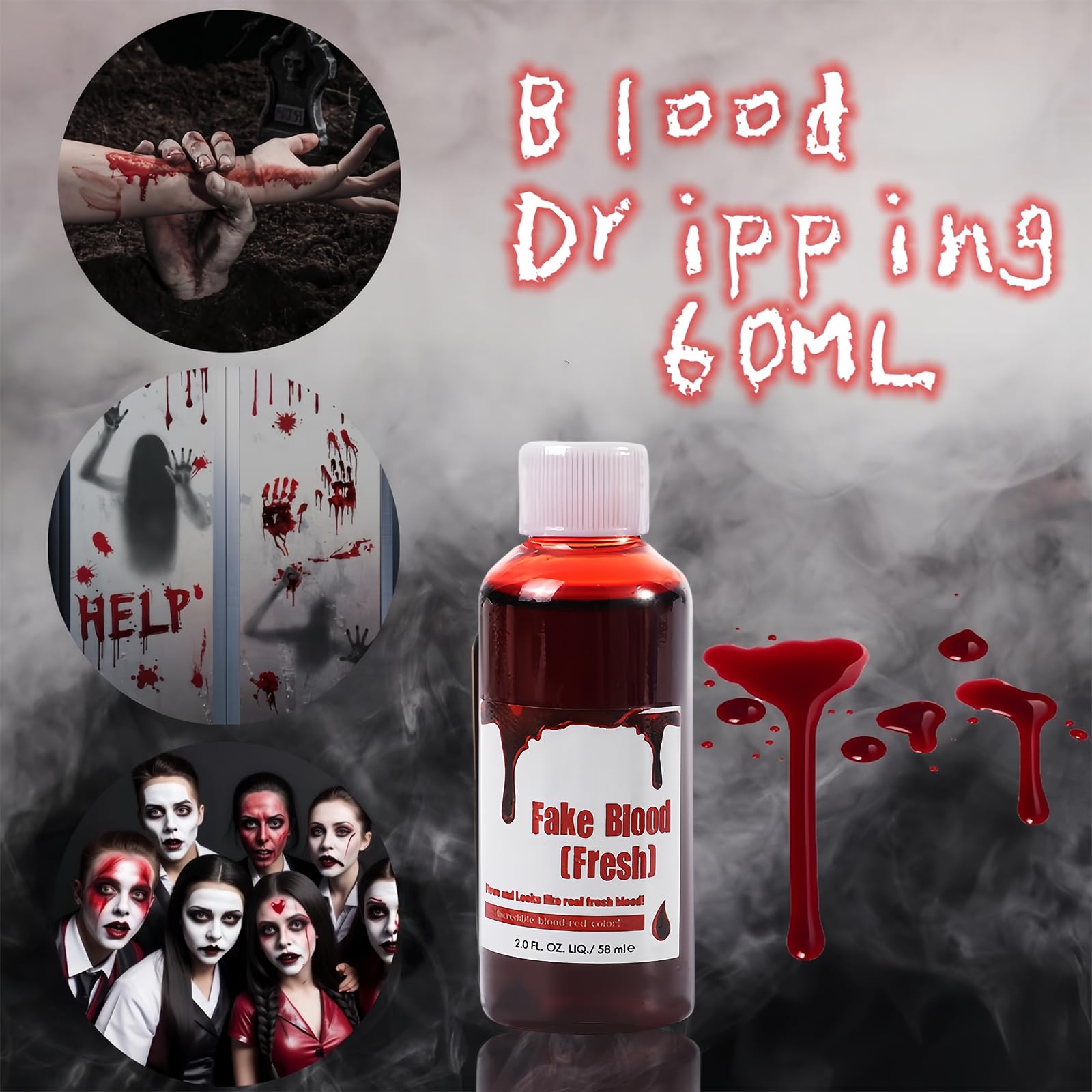 Sangue Finto Lavabile Halloween 60ml Spray 60ml Liquido 50g Coagulato, Cera Cicatriziale , 2x Denti di Vampiro, Set Trucco Effetti Speciali Trucchi Hallowen