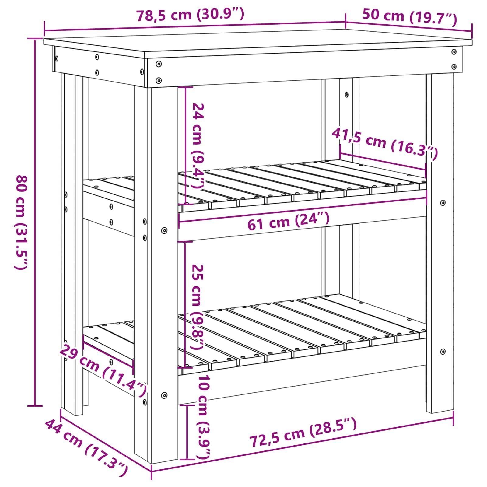 Banco da lavoro marrone cerato in legno di pino massiccio, 78,5 x 50 x 80 cm, con 2 ripiani, tavolo da lavoro ideale per officina, garage, hobby e bricolage, piano di lavoro robusto