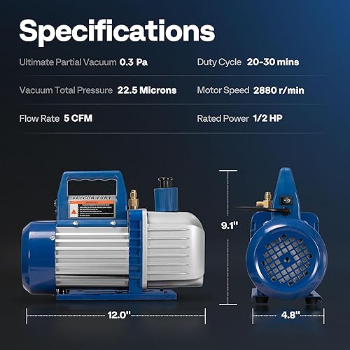 Miniatura 8 de VIVOHOME 110V 12 HP 5CFM Bomba de vacío HVAC de 2 etapas y 4 vías AC Manifold Gauge Set Kit 110-120V AC 60Hz 34HP Máquina portátil de recuperación