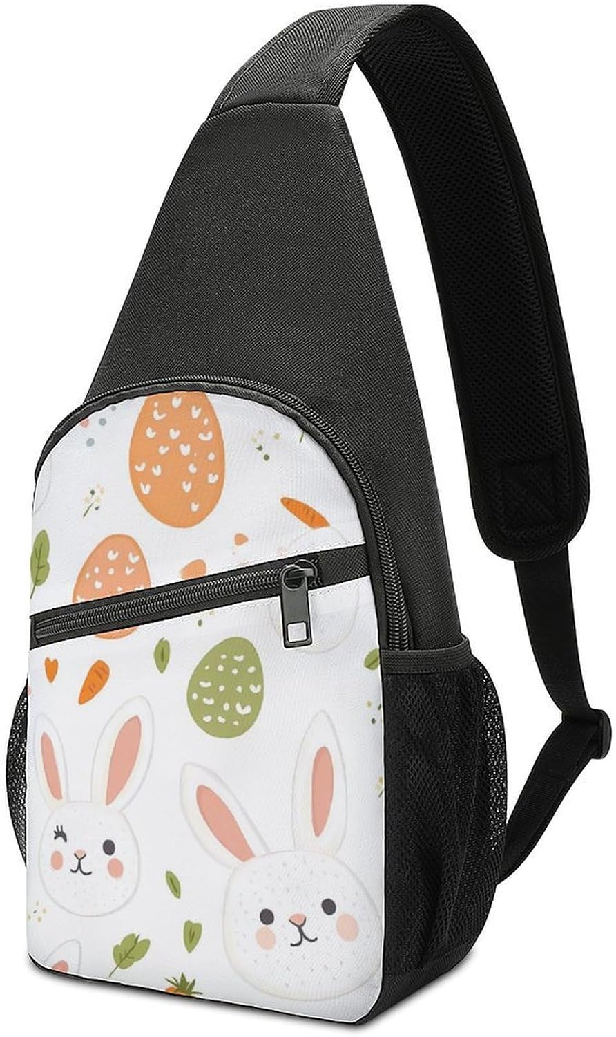 Bunnies Carrot Easter Eggs Crossbody Sling Backpack Chest Bag Daypack | unisex,trendy,with convertible and detachable shoulder strap,side pockets