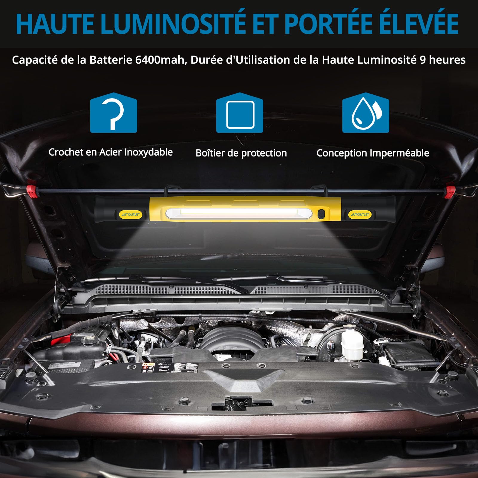 AUTOUTLET Lampe de travail LED rechargeable 6000 mAh véritable 3000 lm lampe d'atelier avec aimant crochet 360° 3 modes rotation 180° pour camping, garage, atelier