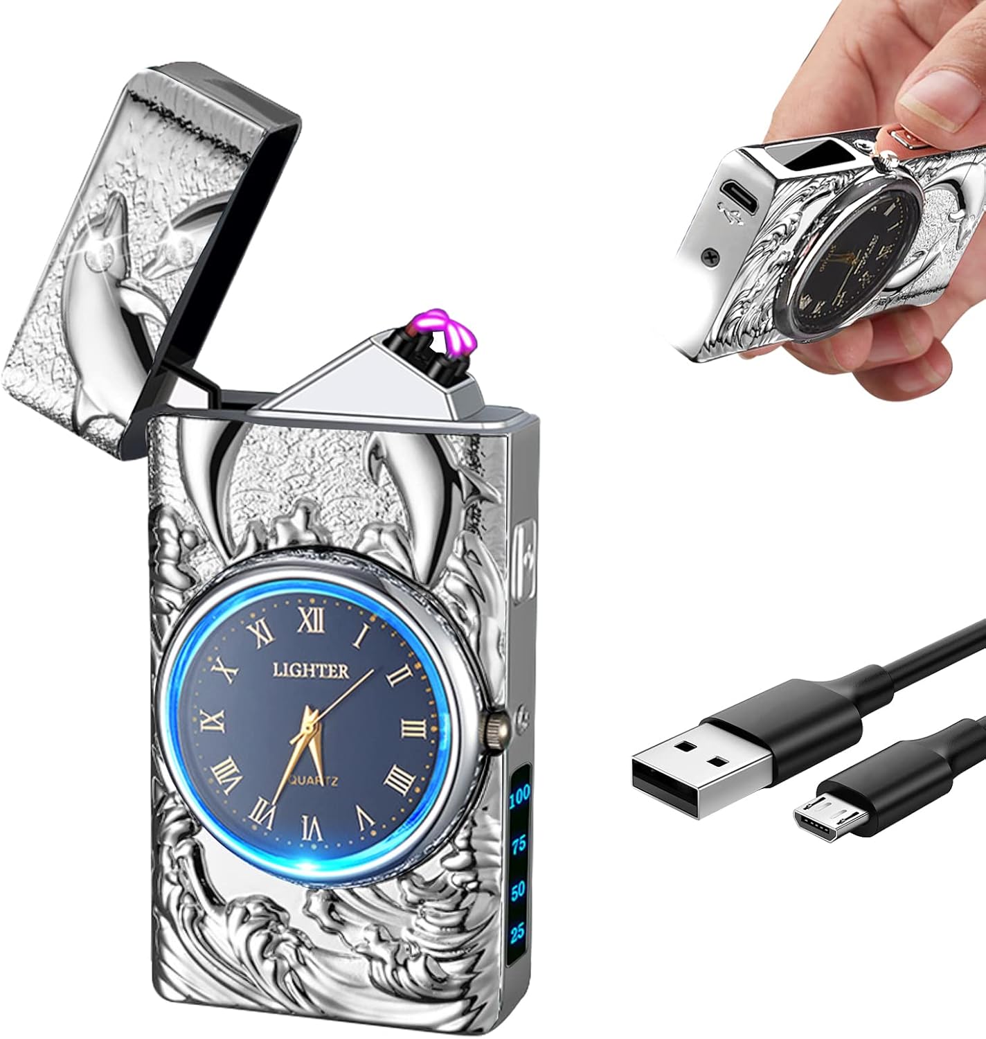 Electric Lighter with Plasma Arc, Windproof USB Rechargeable Lighter with Cool Design, Clock Dial, Flashlight, Power Display for Outdoor Daily Use, Gift for Men Women (Dolphin, Silver)