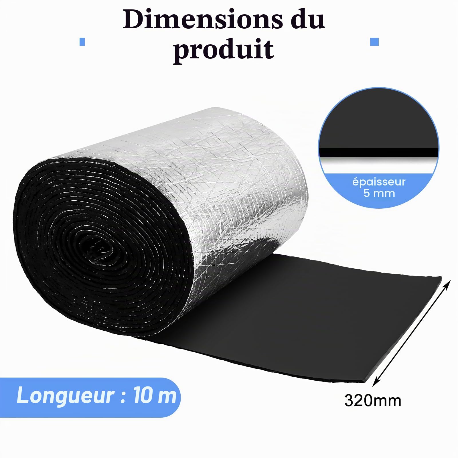 Plaque Isolante Thermique Autocollante 5mm, Isolant Thermique Réfléchissant en Aluminium, Isolant Caoutchouc pour Sol, Mur, Combles, 32 cm x 10 m