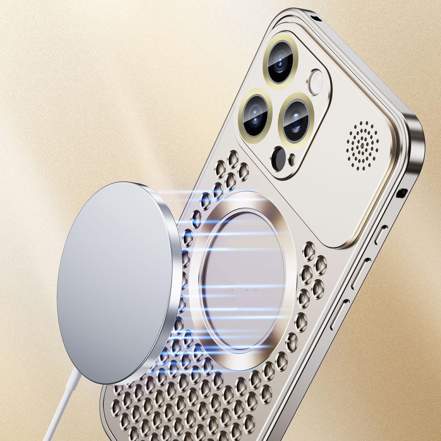 Metalowe etui do iPhone'a 15 Pro Max/15 Pro/15 Plus/15, magnetyczne logo, rozpraszanie ciepła, etui na telefon do aromaterapii, osłona ochronna aparatu, złoty, 15ProMax