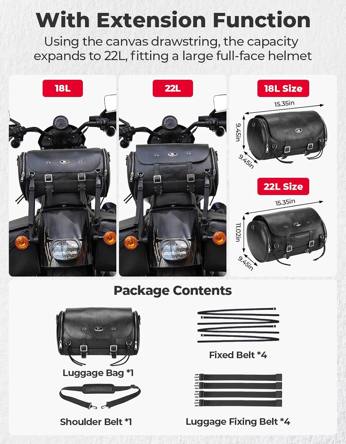 KEMIMOTO Motorcycle Tail Bag, PU Leather Motorcycle Rear Seat Bag, Waterproof Waxed Drawstring Canvas 18-22L Expandable Motorbike Luggage Storage for Sportster Softail Dyna V-star Shadow - Image 5