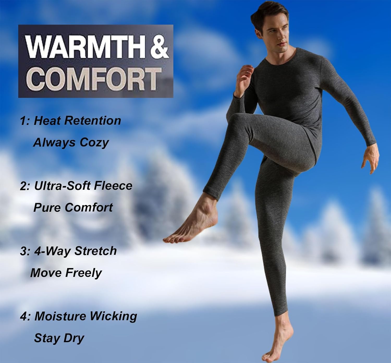 Long Johns Thermal Underwear for Men Skiing Winter Warm Hunting Gear Fleece Lined Base Layer Set Top Bottom Dark Gray