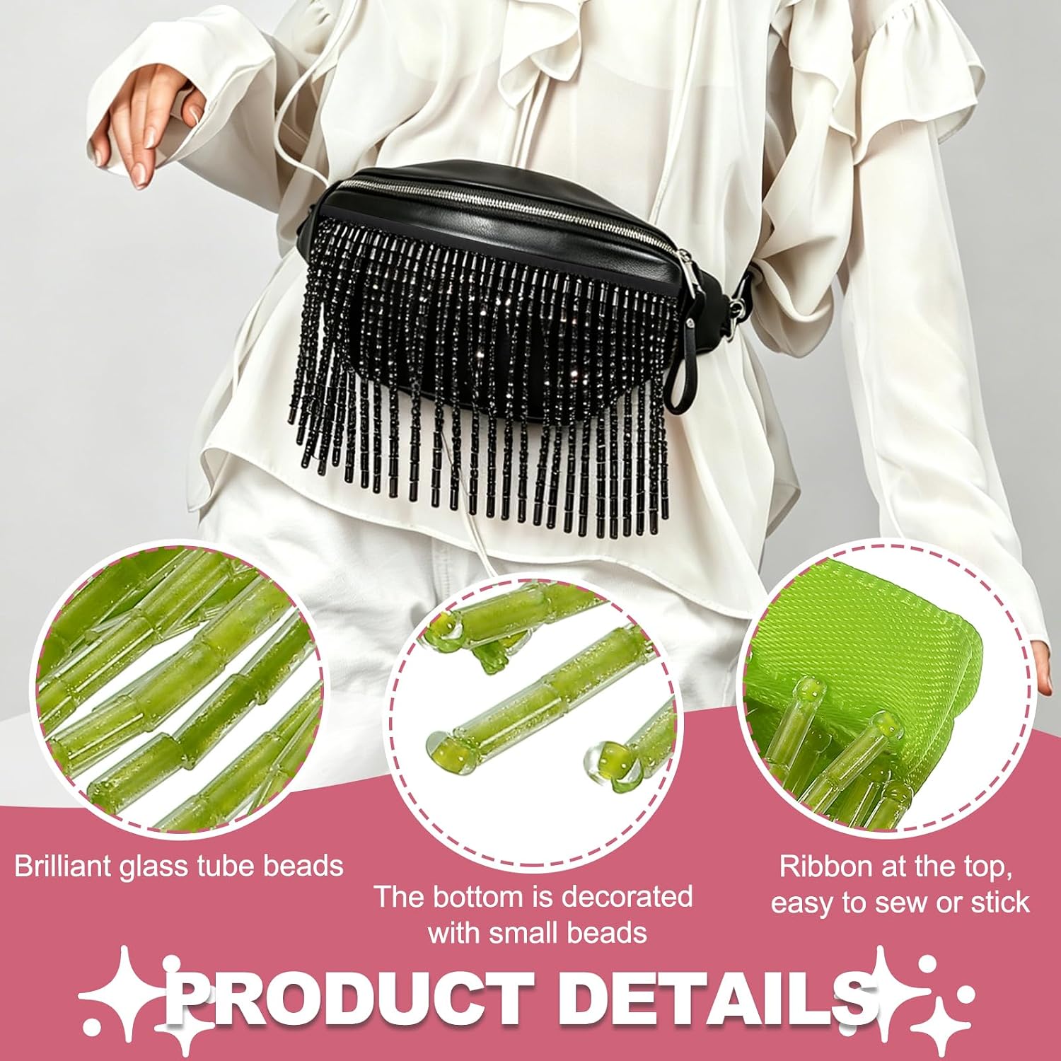 MECCANIXITY Beaded Fringe Trim Glass Beads Trim Tassels, Light Green image 3