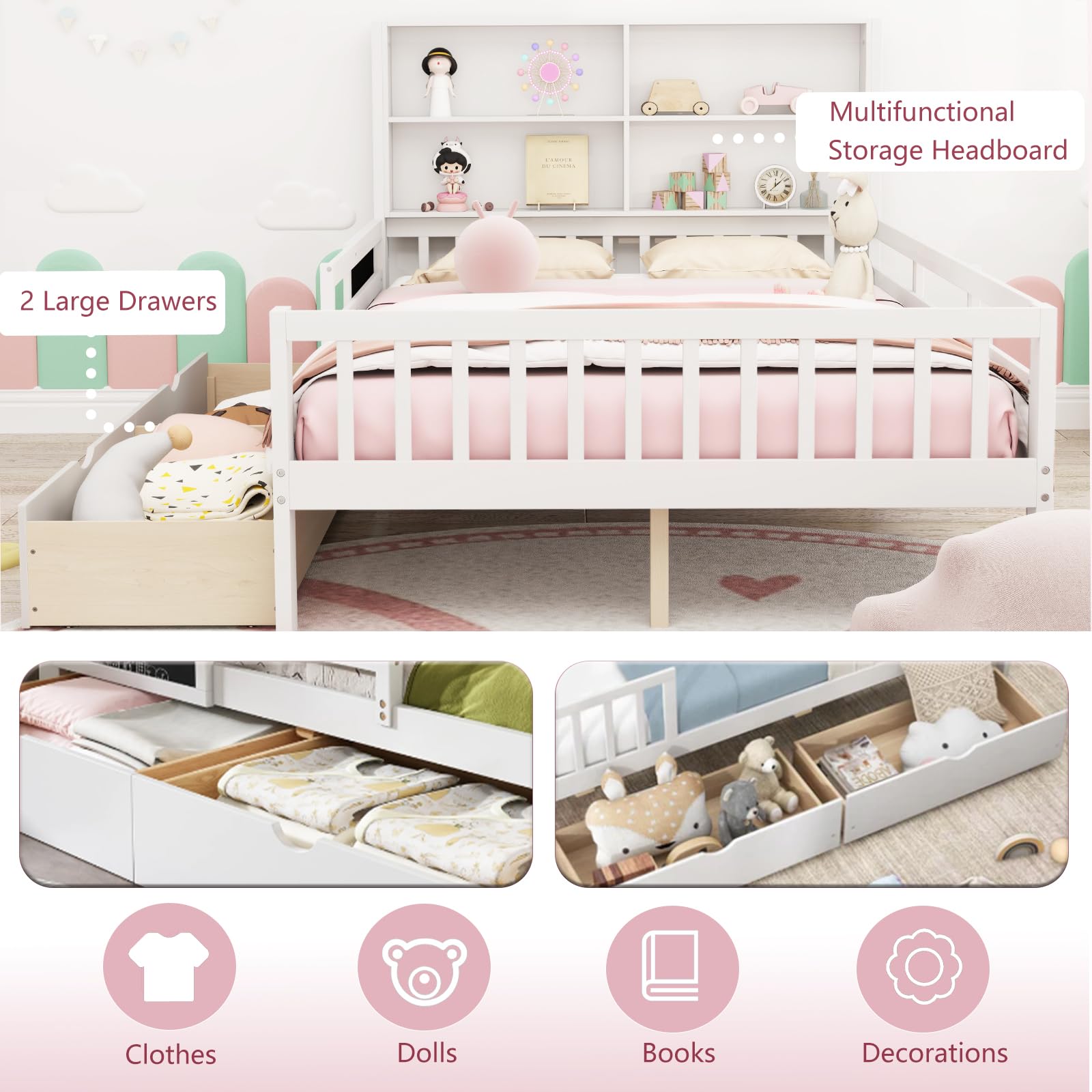 GIANTEX Kinderbett 140x200 cm mit Bücherregal & Tafel, Doppelbett mit Stauraum, Jugendbett mit 2 Schubladen, Plattformbett Bettgestell mit Rausfallschutz & Lattenrost, Holzbett für Kinder, Weiß