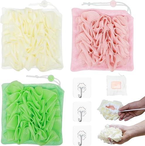 Paquete de 3 soportes lavables de barra de jabón 2025, 2 en 1, bolsa de esponja para jabón que puede contener jabón exfoliante eficaz para el baño