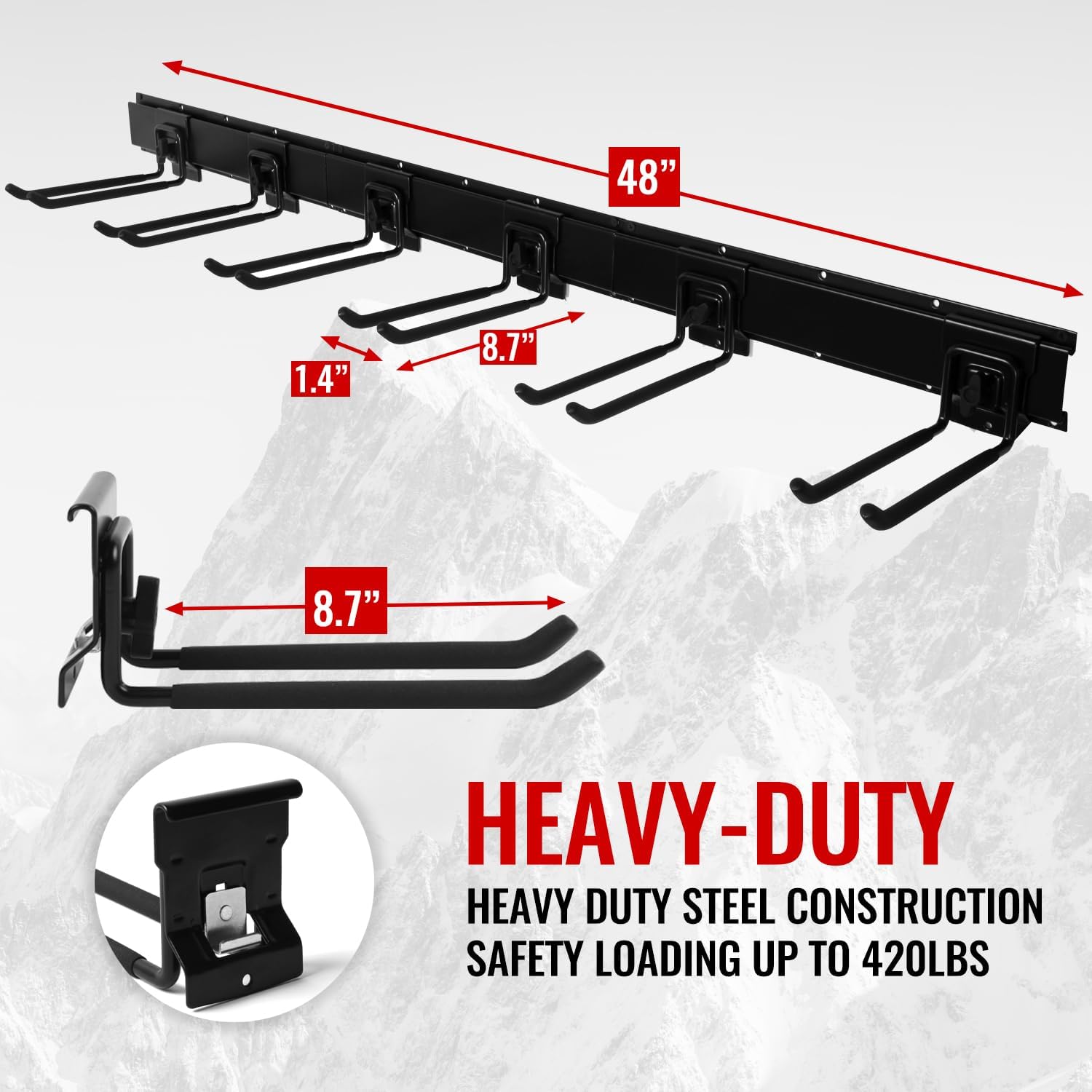 Garage Organization Wall Mount,96inch Garden Tool Organizer with 6 Clamping Hooks, Heavy Duty, Garage Hanging Storage Rack for Yard Tools, Shovel, Shed, Hold Up to 420lbs (96Inch Black)