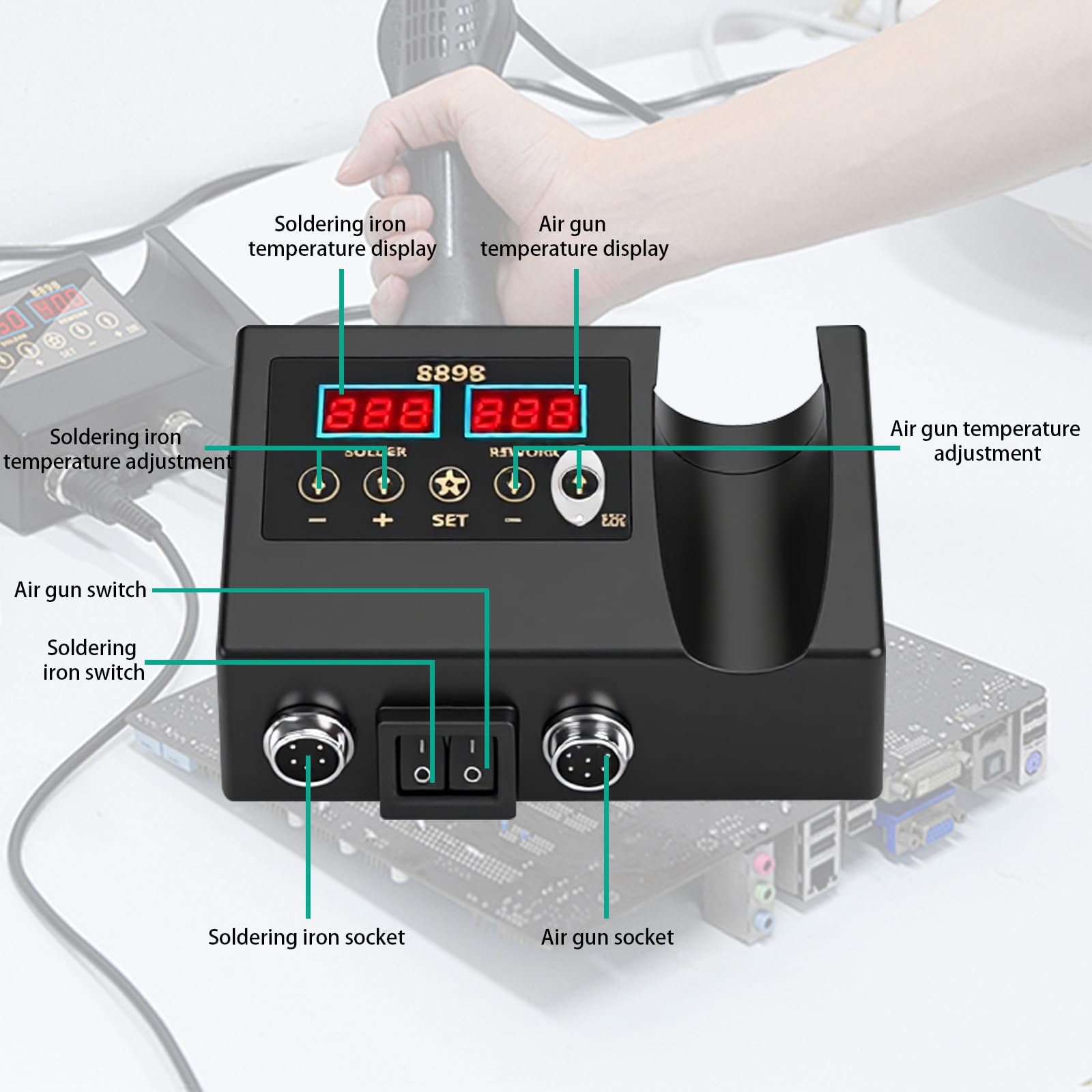 Station de soudage 2 en 1 700 W avec air chaud • Station de soudage et de dessoudage professionnelle avec 3 buses • Idéal pour la réparation électronique, les projets de bricolage, téléphone portable