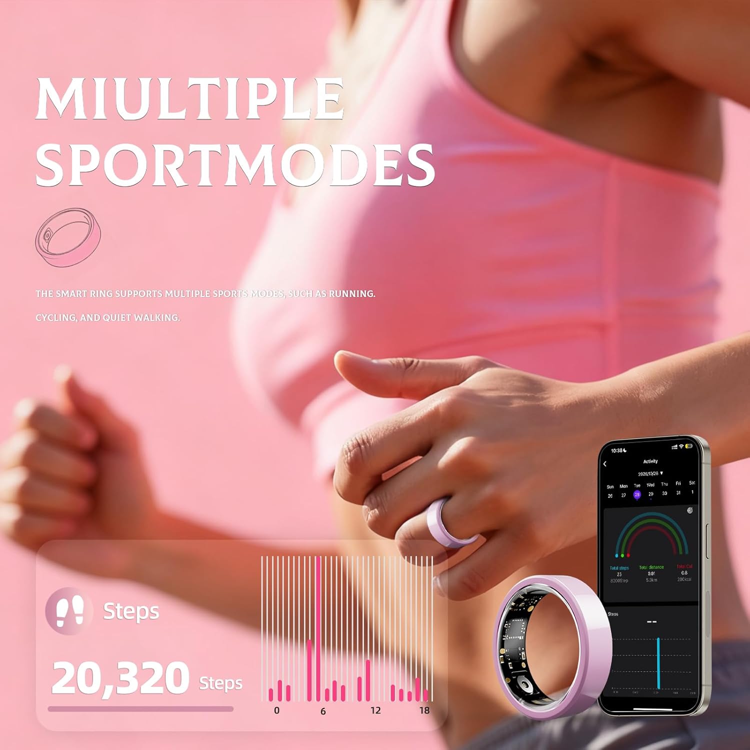 Smart Ring for Women,Ceramic Smart Ring,Calorie Burn, Auto Exercise Recognition,Health Fitness Tracker with Heart Rate Monitor,Sleep Tracking, Step Counter, for iOS & Android (Pink,#10)