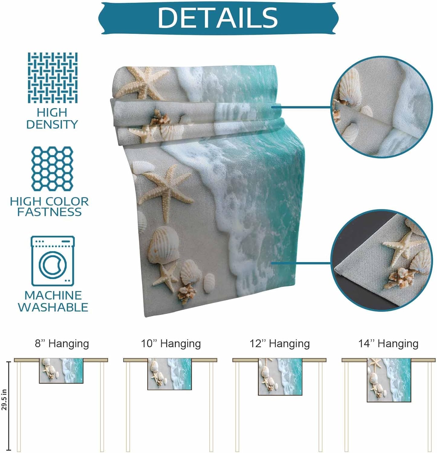 Beach Shell Table Runner Summer Tropical Blue Sea Water Starfish Shells Table Runners Dresser Scarves Kitchen Dining Table Decoration for Home Farmhouse Party Holidays 13"x60"