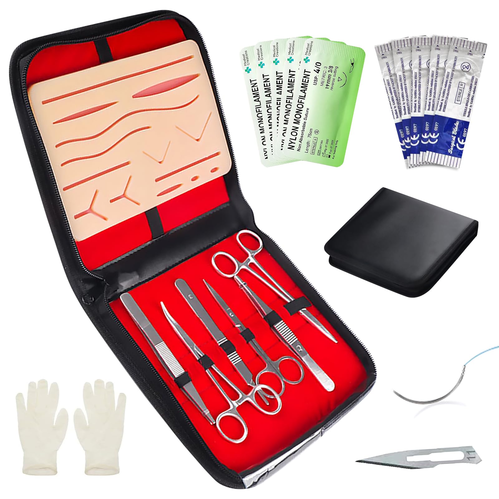 Vegena Almohadilla de práctica de sutura – Kit completo de práctica de sutura, piel de silicona de 3 capas con herramientas y funda de transporte, almohadilla de sutura de piel para entrenamiento y