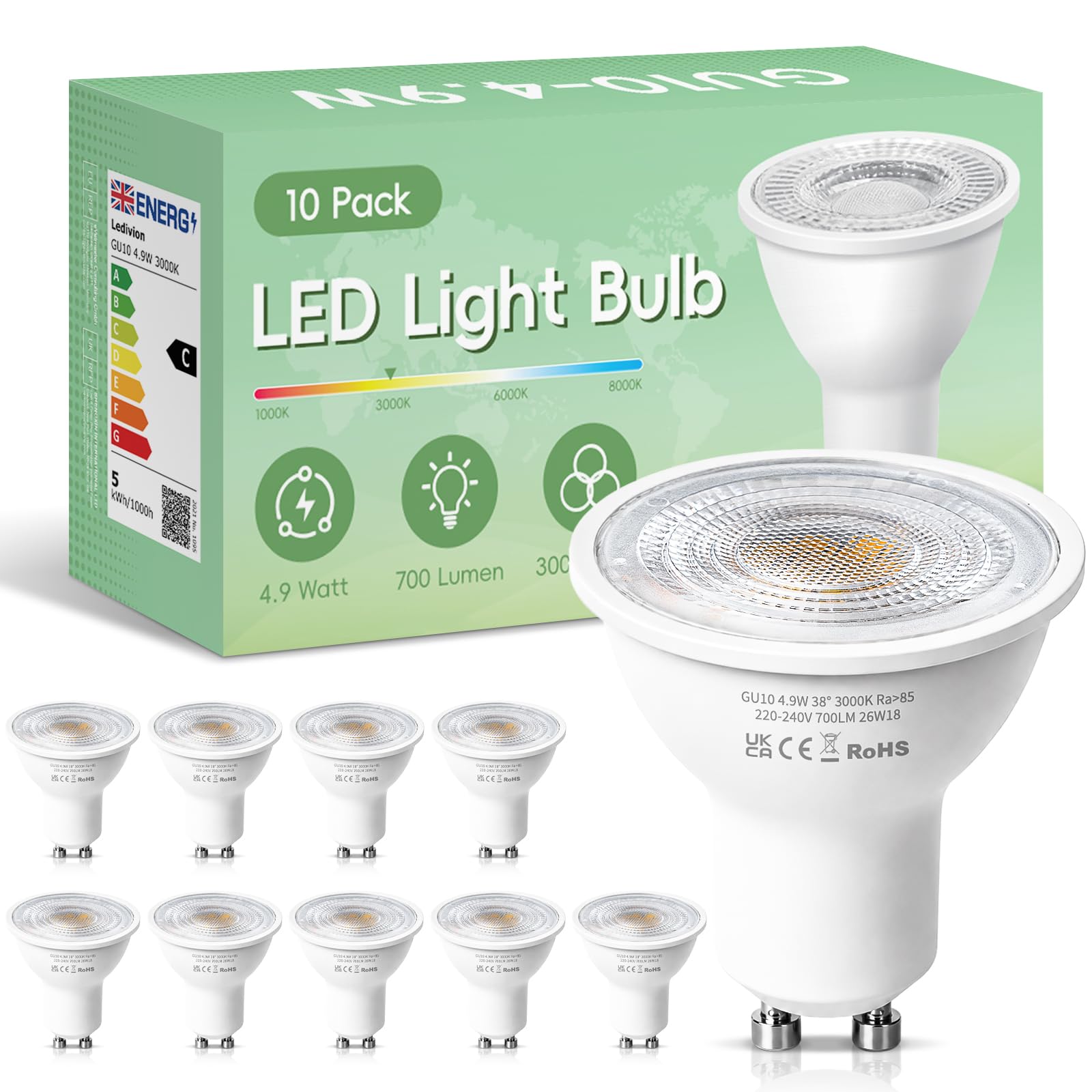 Ledivion GU10 LED Bulbs, Warm White 3000K, Class C 5W LED GU10 Spotlight Bulb, 50W Halogen Spotlight, 220-240V 700LM, Narrow Beam Angle Energy Saving Non-dimmable, 10 Pack
