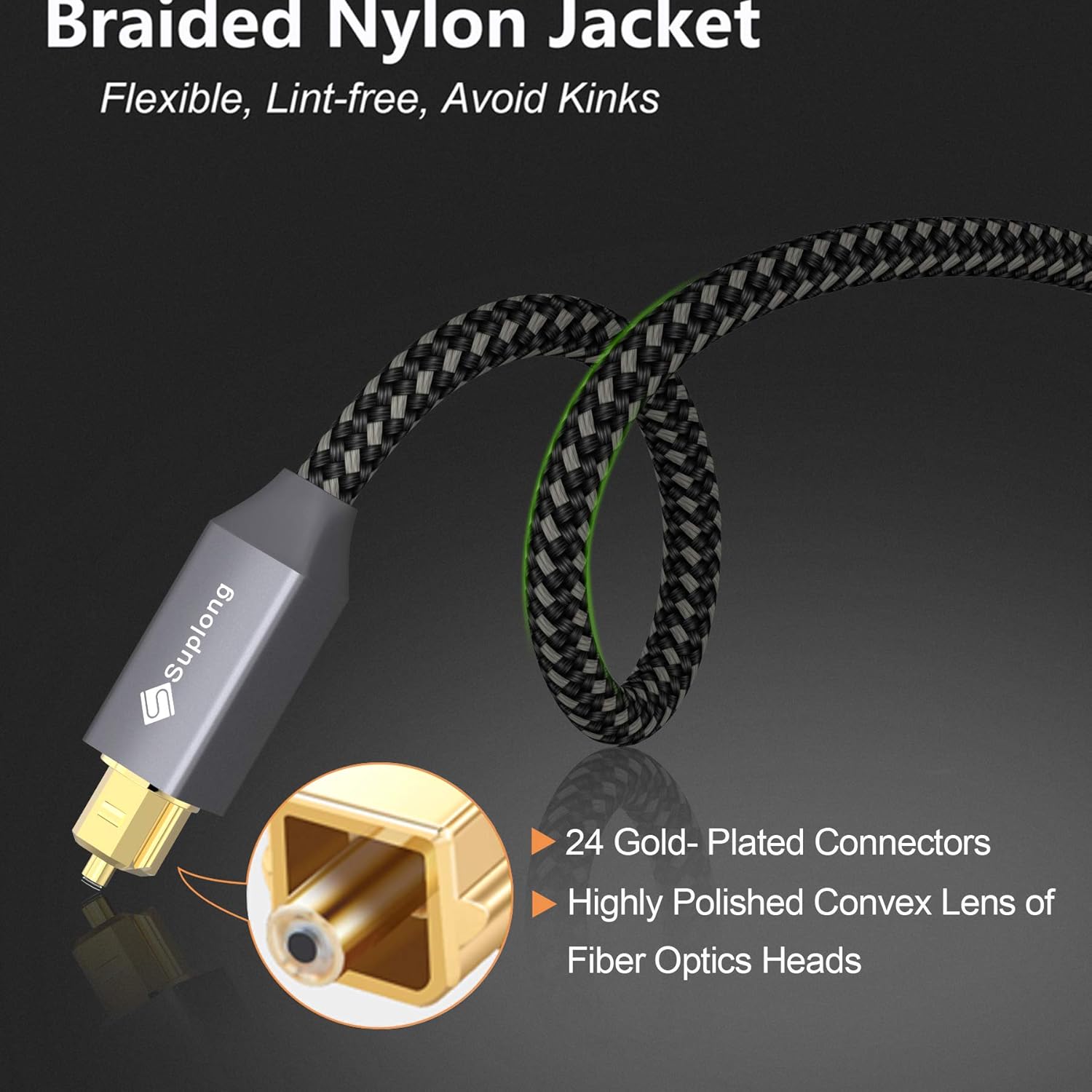 Best Optical Audio Cable 6ft - Suplong Digital Optical Audio Toslink Cable [24K Gold-Plated, Nylon Braided]Fiber Optic Cable for [S/PDIF] LG/Samsung/Sony/Philips Sound Bar,Smart TV,Home Theater,PS4,Xbox