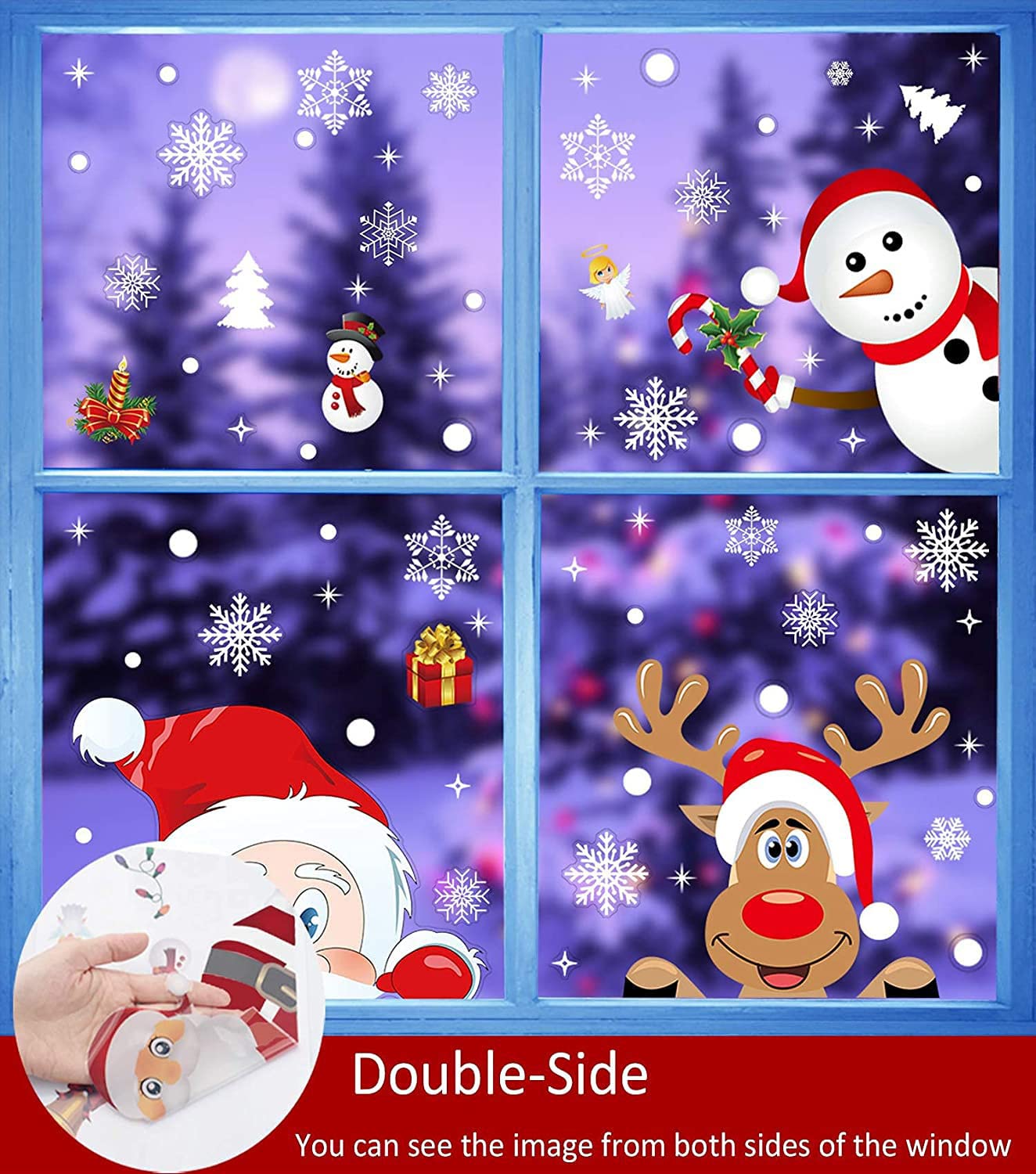 Christmas Window Stickers Blue Theme - Static Cling Snowman Snowflake Decals For Glass Doors, Shop Displays & Home Decor