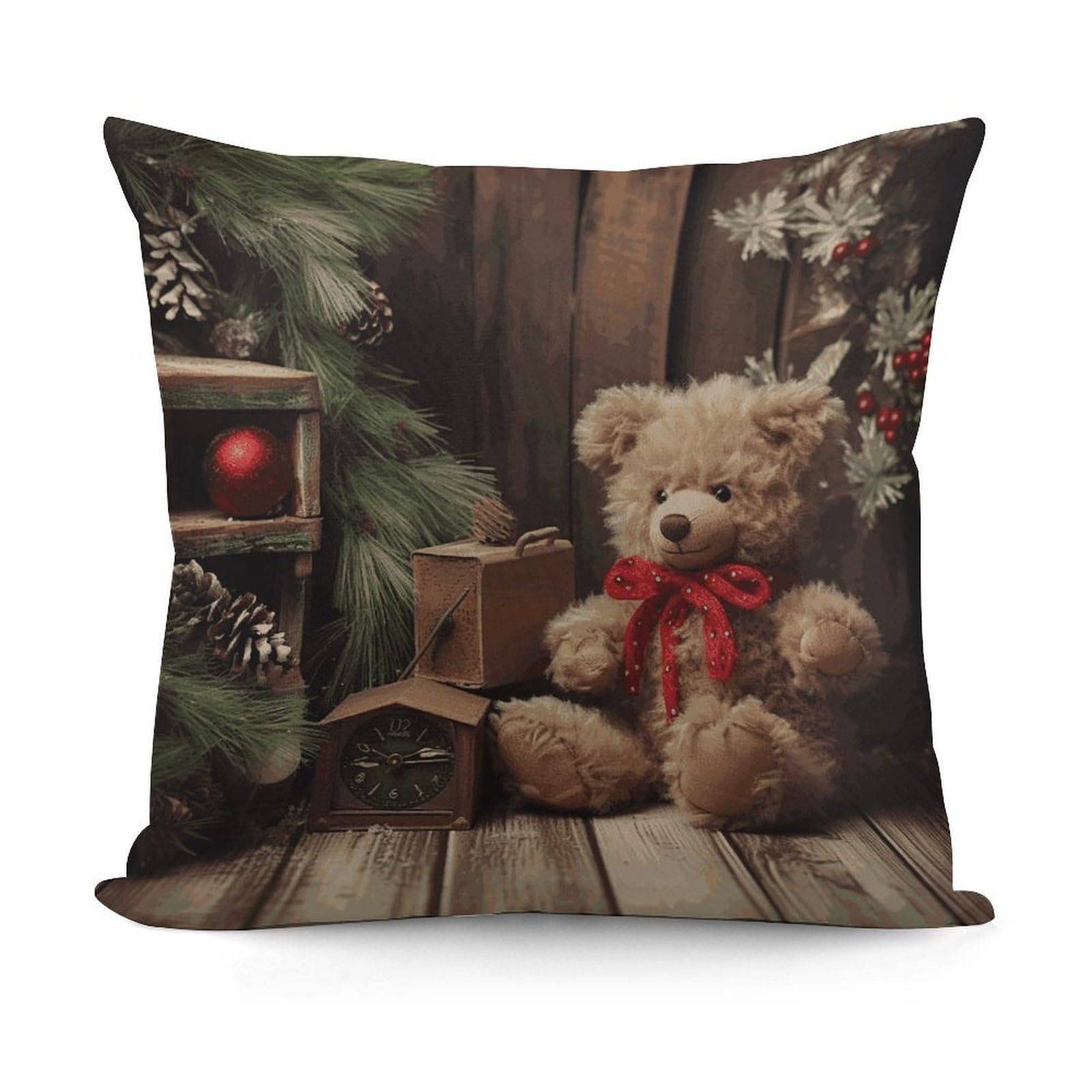 VstaDank Xmas Tree Branch Bear Doll Throw Pillow Covers 18x18 Inch Soft Couch Home Decor Cushion Cover Comfortable Plush Square Cushion Case Farmhouse Decorative Pillowcase for Living Couch