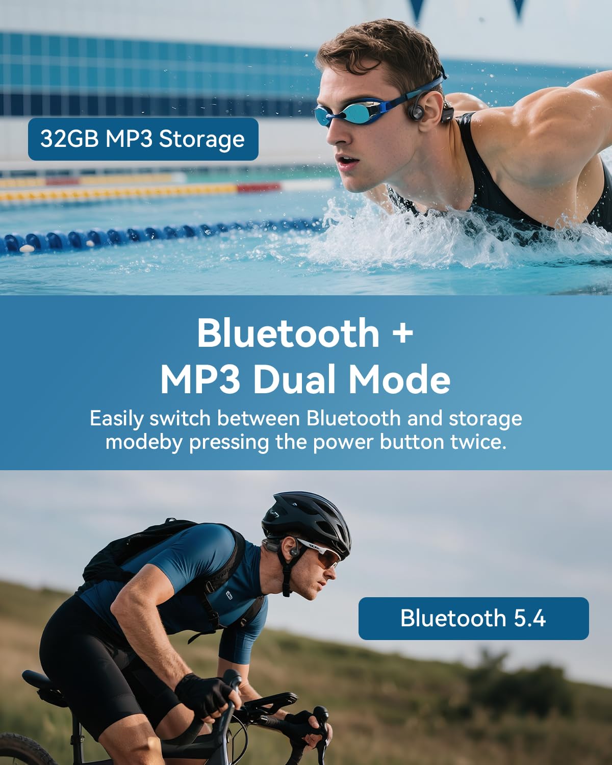 Wantek Kopfhörer Schwimmen, Knochenschall Kopfhörer Bluetooth 5.4, IP68 Wasserdicht,Sportkopfhörer 32G Speicher, Open Ear Headset mit MP3-Player, Unterwasser Ohrhörer zum Schwimmen, Training & Laufen