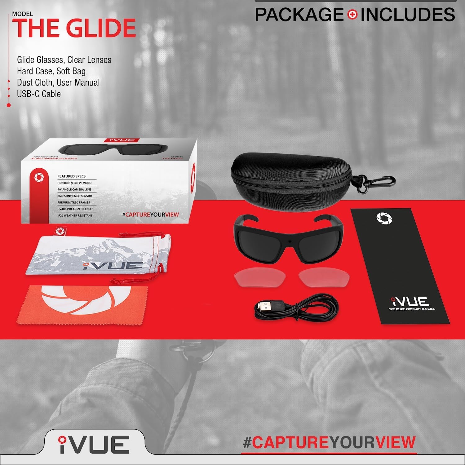 iVue Glide 1080P HD Camera Glasses Video Recording Sport Sunglasses DVR Eyewear, 30fps, 64GB Memory