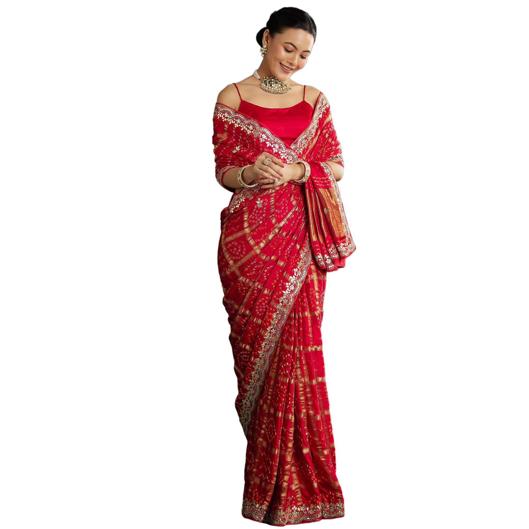 Red Bandhani Saree With Gota Work-image-16