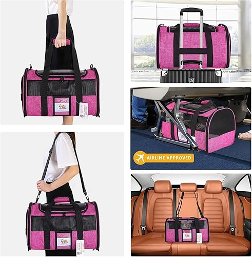 Vista 23 de Transportador de mascotas aprobado por aerolíneas para perros pequeños, gatos medianos, cachorros, 15 libras con tira reflectante, transportador Rosa