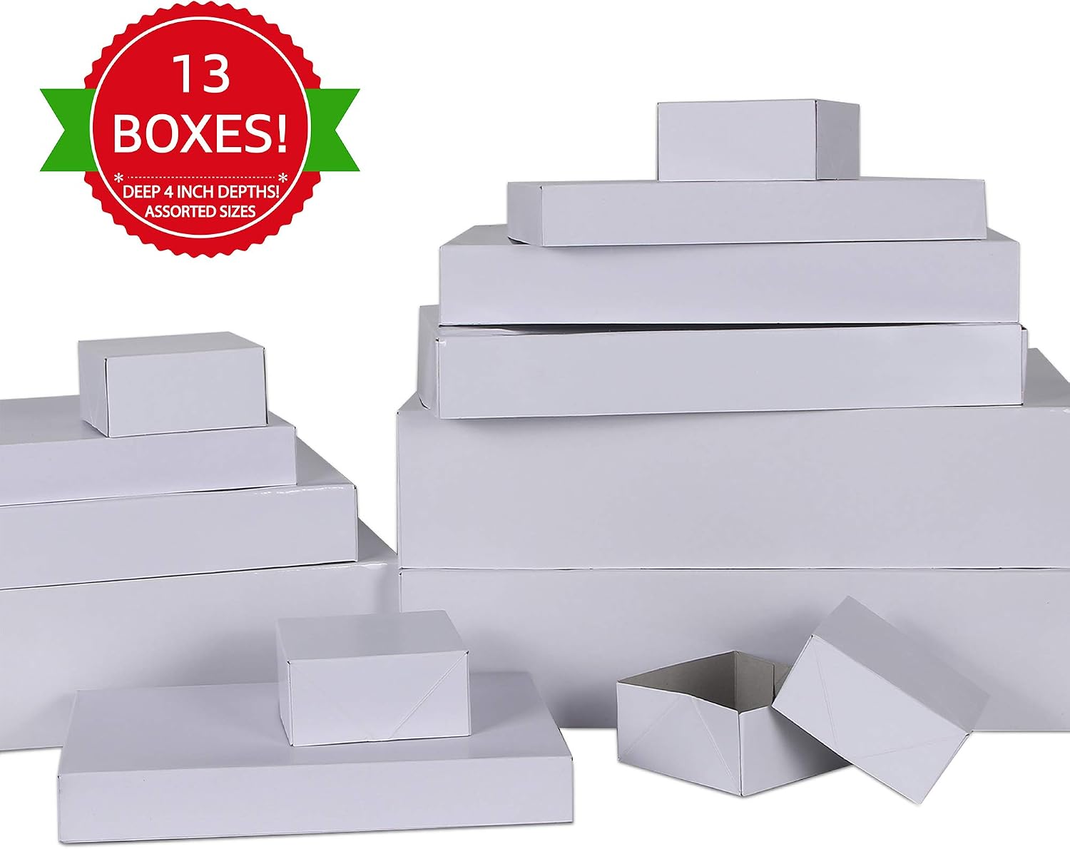 MOMONI Premium 13 Piece White Gift Boxes with Lids of Assorted Sizes with 4 inch Deep Robe Wrapping Boxes Set for Wrapping Christmas Gifts, Birthday, Holiday