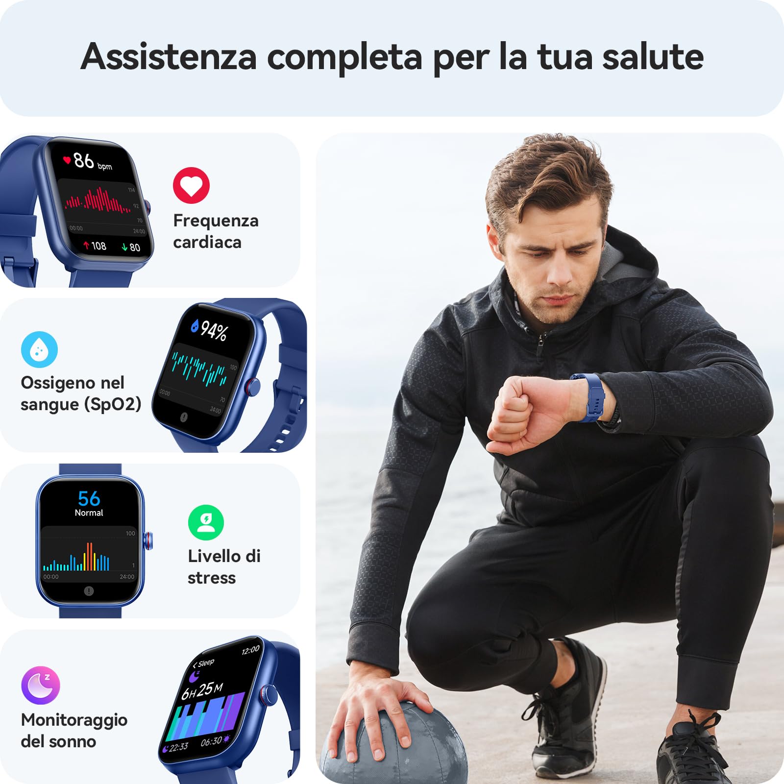 Smartwatch Uomo Donna, 1.91" Orologio Smartwatch con Chiamate Bluetooth e Alexa, Fitness Tracker con Contapassi, Cardiofrequenzimetro/Sonno/SpO2/110 Sportive, IP68 Smart Watch per Android iOS Blu