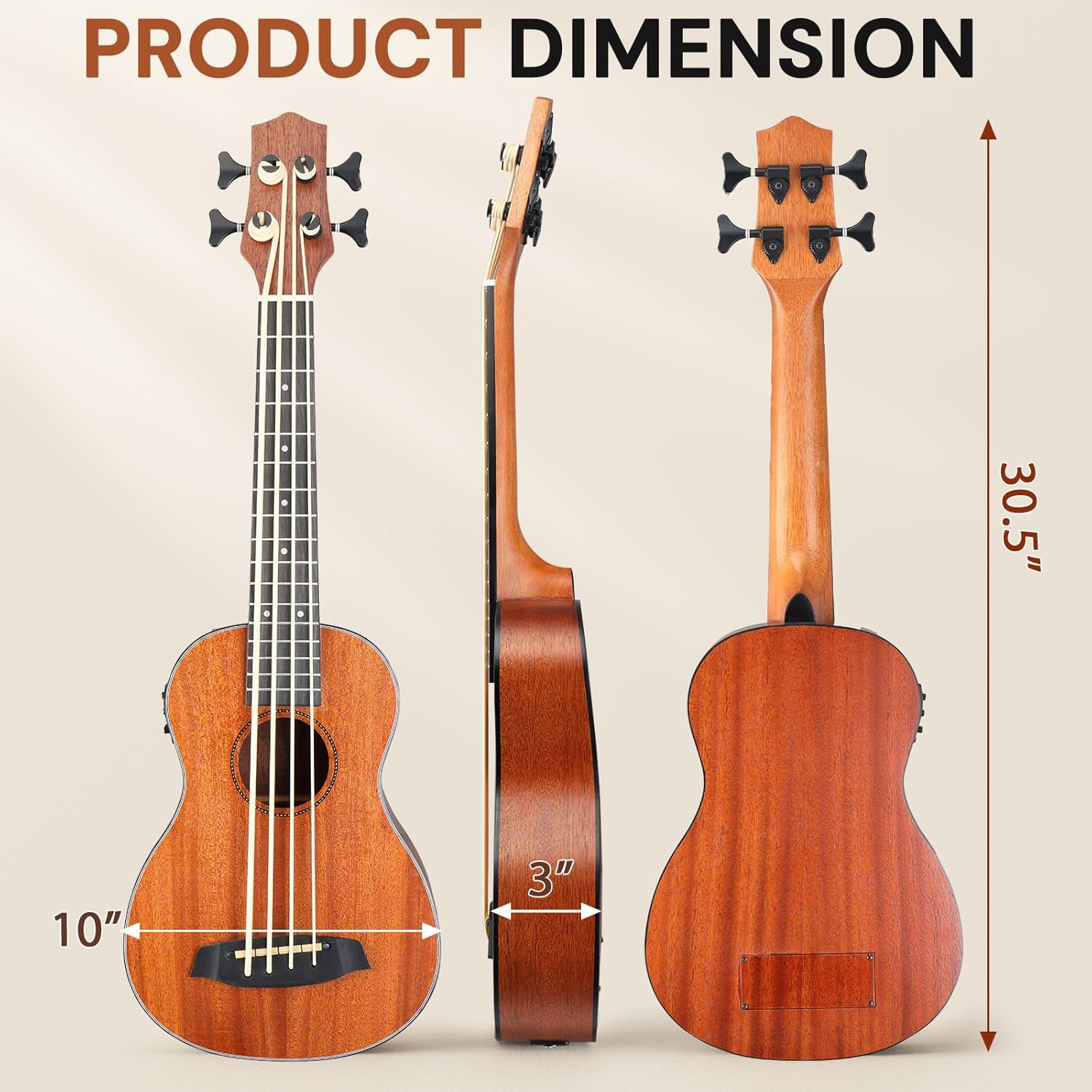 Ktaxon Electric Acoustic Bass Ukulele, 30 inch Mahogany Ukelele with EQ, Professional E-A-D-G Ideal for Performances and Practice, Includes Gig Bag, Capo, Strap, Picks