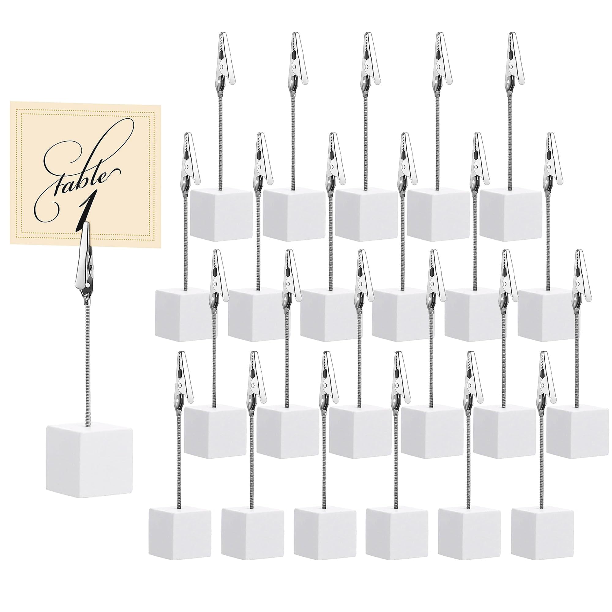 24Pcs Memo Clip Holders, Wooden Cube Place Card Stands with Crocodile Clips, Weighted Anti-Tip Memo & Mini Photo Display Stands for Wedding Reception, Event Name Cards, Office Desk & Cafe Menu (White)
