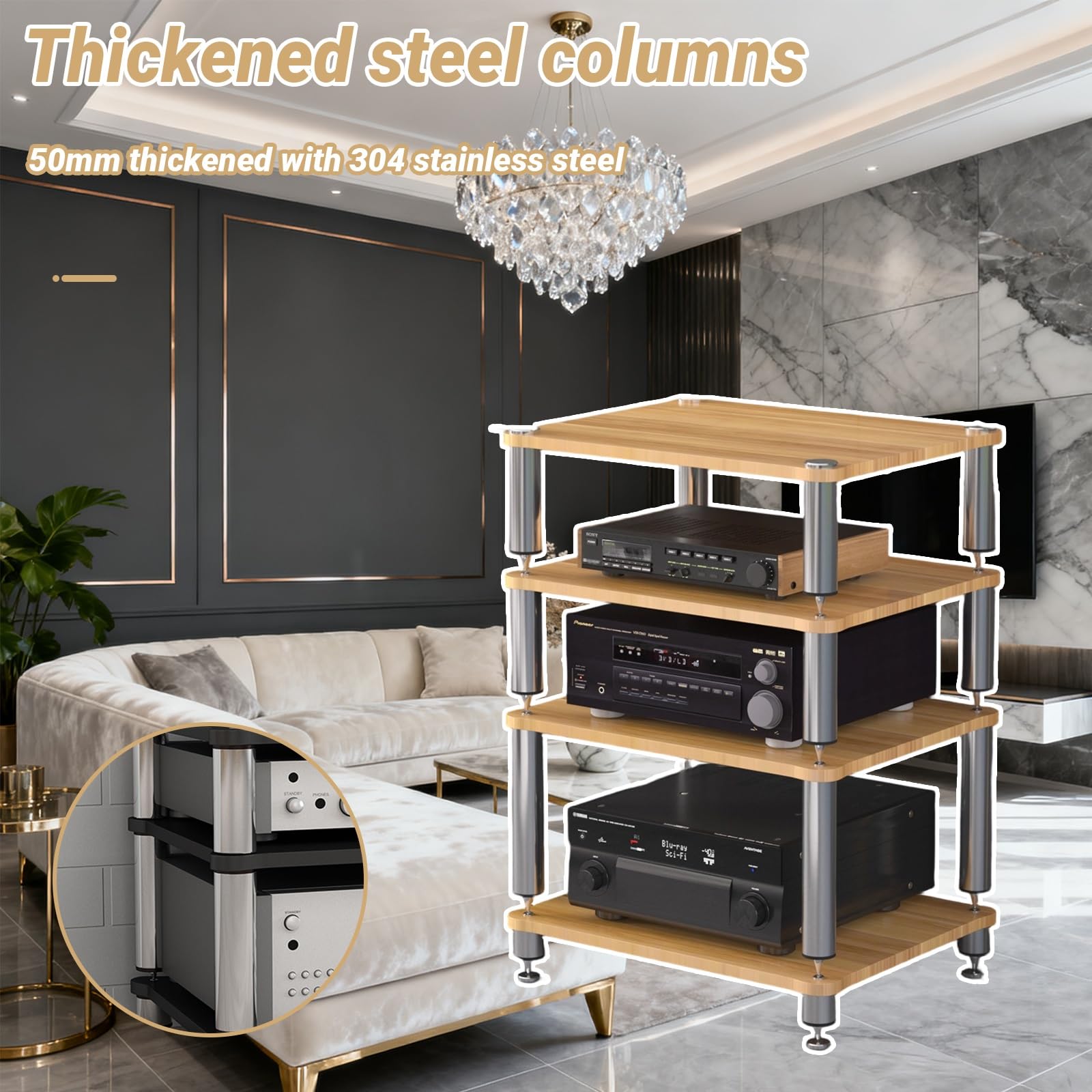 Mobiletto AV HiFi A 3 Ripiani Ripiano In Legno Supporto Per Giradischi Mobile Stereo Sound Tower Rack Portaoggetti Per Console Multimediali(Teak color,Three-layer)