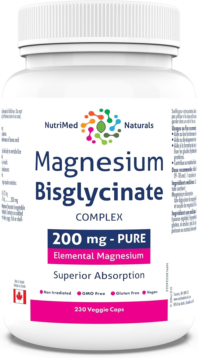 Nutrimed Naturals Nutrimed Naturals - Magnesium Bisglycinate Complex 200mg, 230 Capsules 230-Day Supply - Maintain Proper Muscle Function & Bone Health, Sleep Support - 3rd Party Tested - Formulated & Made in Canada