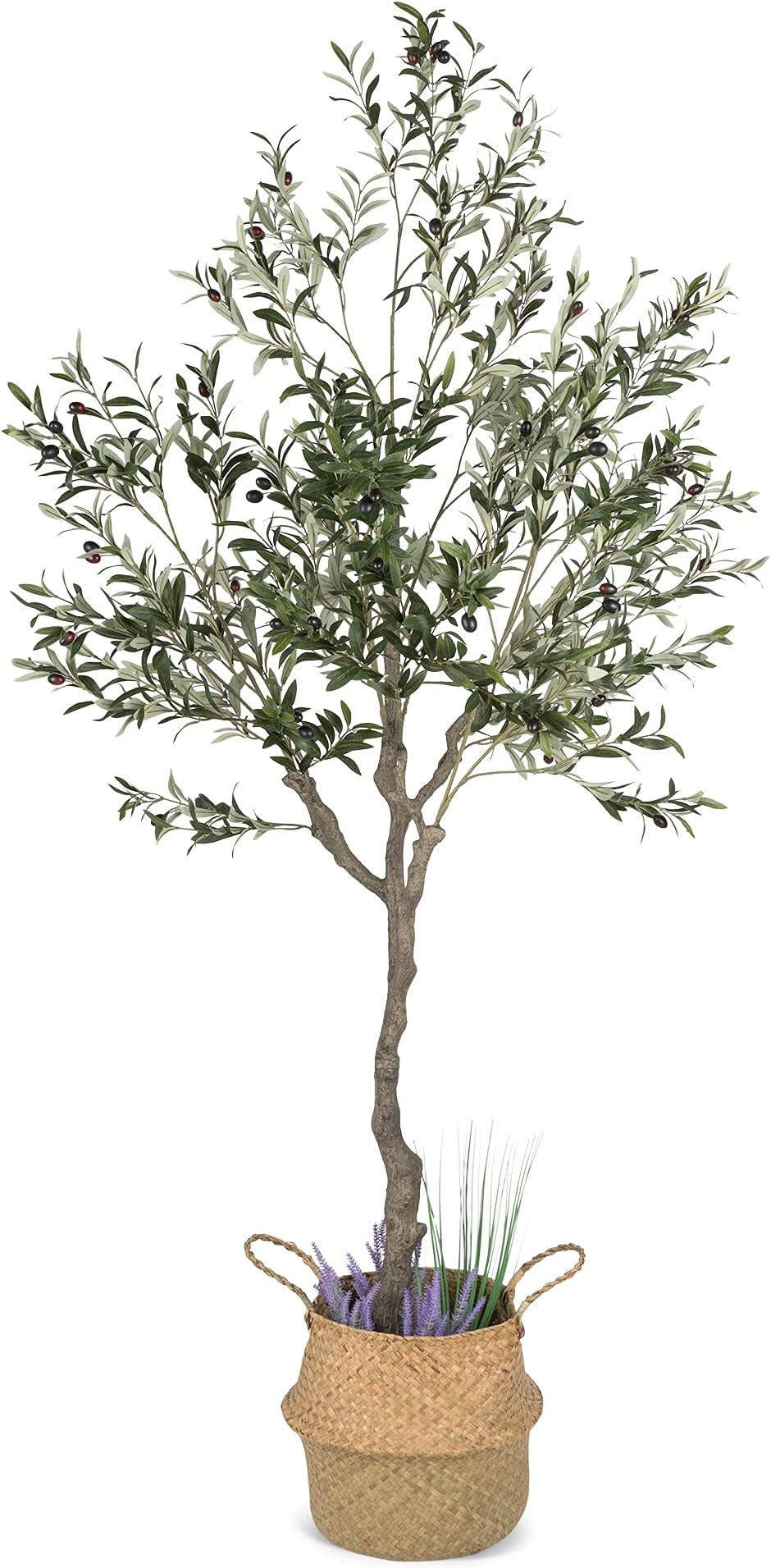 Artificial Olive Tree, 82 Inches Tall - Fake Floor Plant for Modern Home Decor - Living Room, Bedroom, Balcony - Faux Potted Trees for Indoor or Outdoor - includes Seagrass Belly Basket
