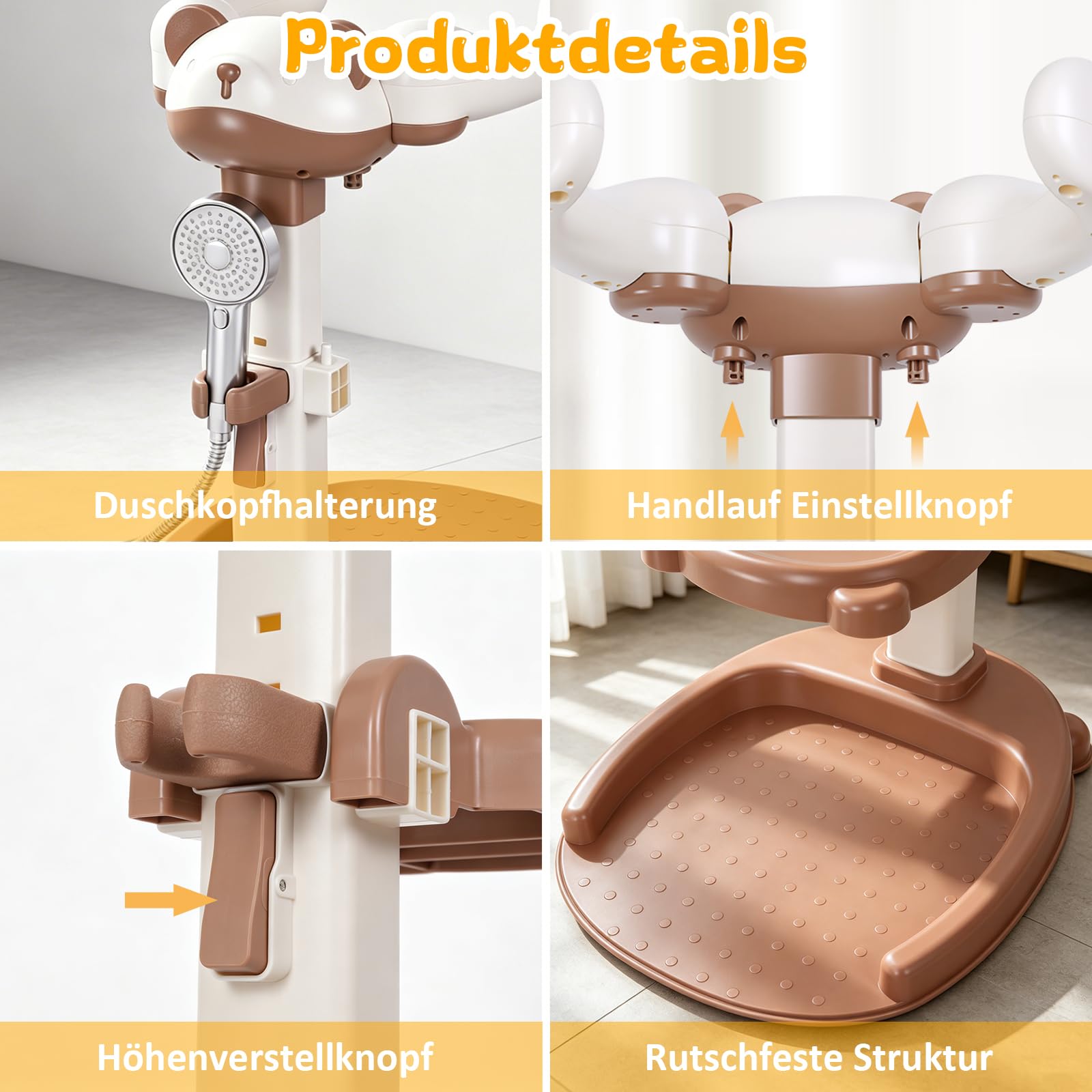 Baby Dusche Ständer Einstellbarer Baby Shower Stand Support mit AntiRutsch-Basis, Anehmbarem Sitz, Duschständer Kind, Anstelle eines Badewannensitzes baby zum Baden, Windelwechseln (Braun)