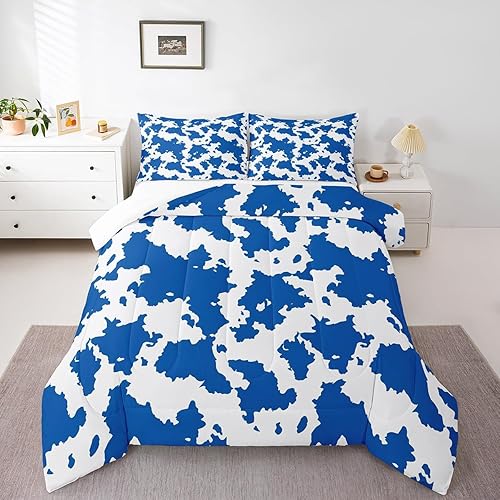 Miniatura 3 de Erosebridal Juego de edredón de piel de vaca azul marino, animales de granja, tamaño Queen, juego de ropa de cama con estampado de vaca de las