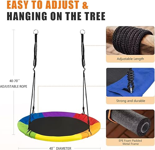 Miniatura 4 de Columpio de árbol de platillo de 40 pulgadas para niños al aire libre, columpio redondo de disco con tela de textileno impermeable, capacidad de