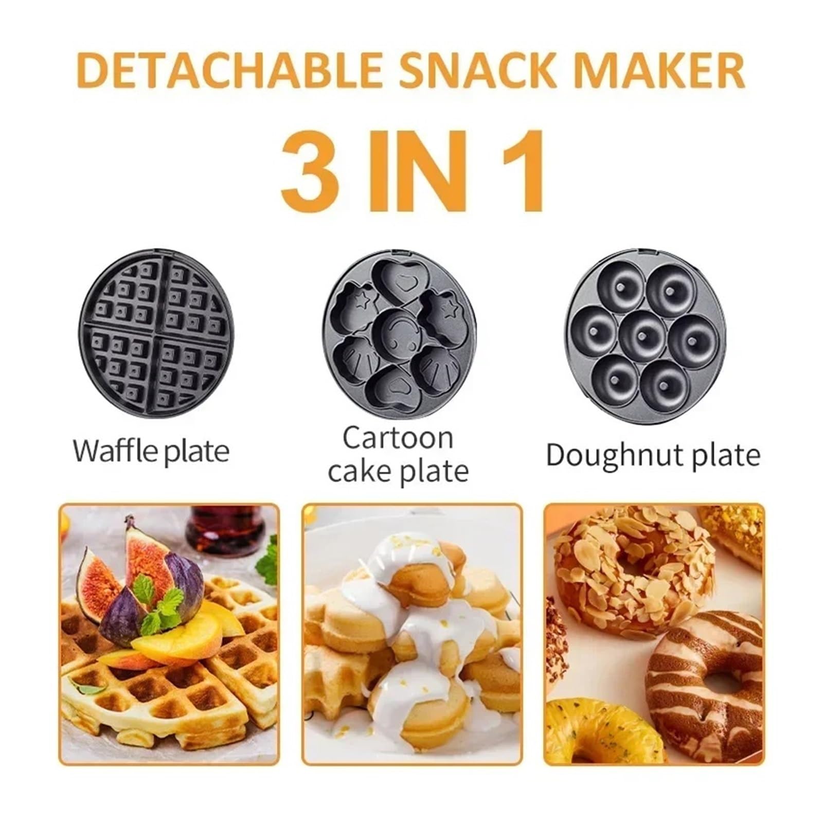 Máquina De Desayuno 3 En 1 For Hacer Donas, Plato For Pasteles Con Dibujos Animados Y Waflera Placas Antiadherentes Extraíbles Calentamiento Uniforme Y RáPido