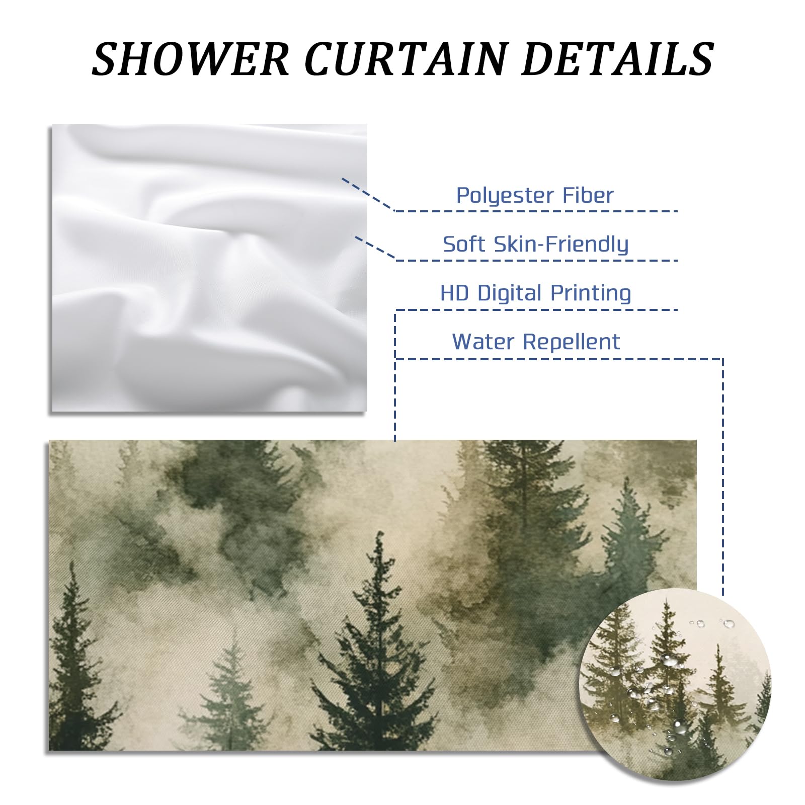 Ensemble de rideau de douche motif forêt aquarelle - Rideau de douche paysage d'arbre naturel - Accessoires de salle de bain brumeux - Motif imprimé décoratif - 183 cm