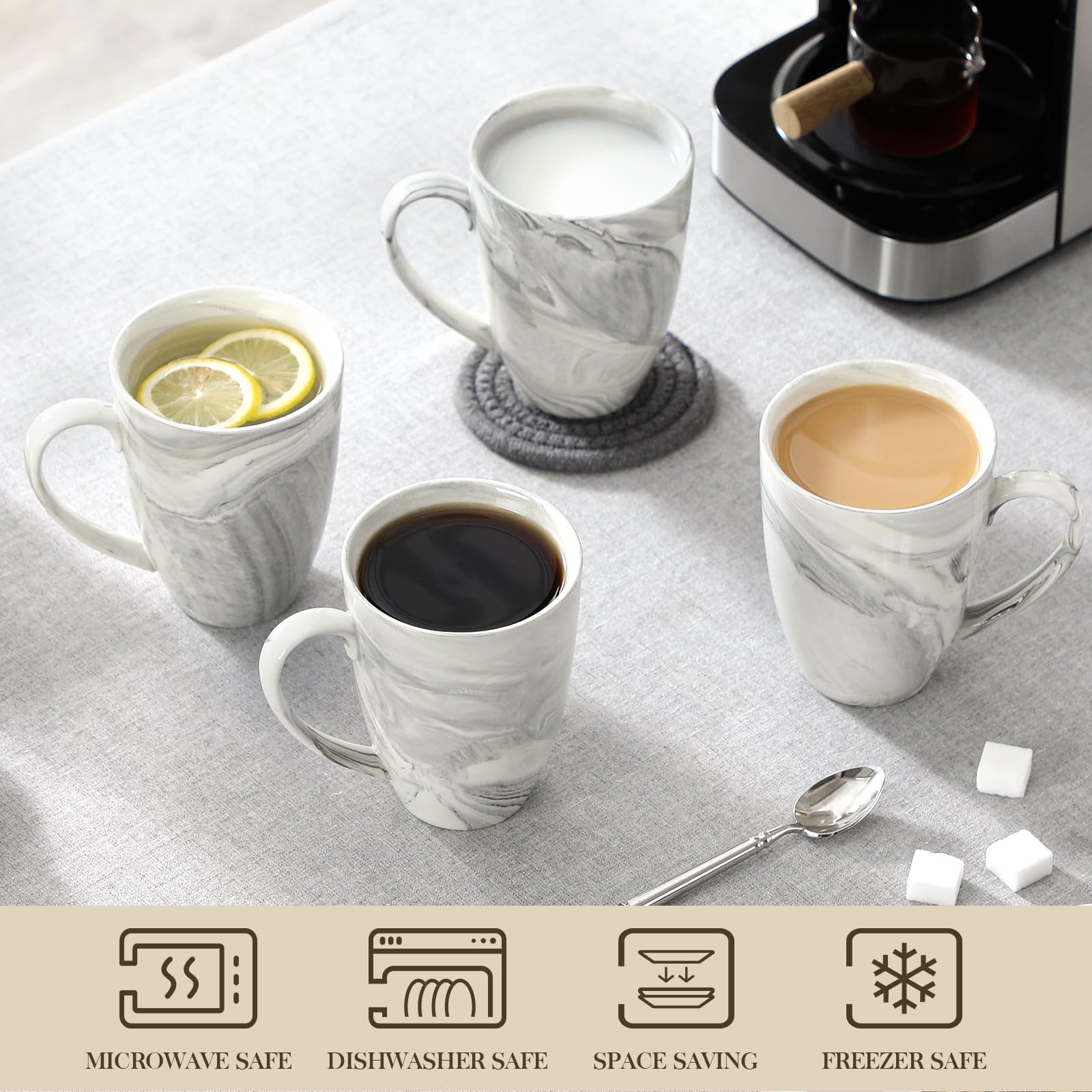 Zestaw 6 kubków do kawy, 473 ml, duży porcelanowy kubek, ceramiczne filiżanki do herbaty z uchwytem, nadają się do mycia w zmywarce i kuchenki mikrofalowej, szare