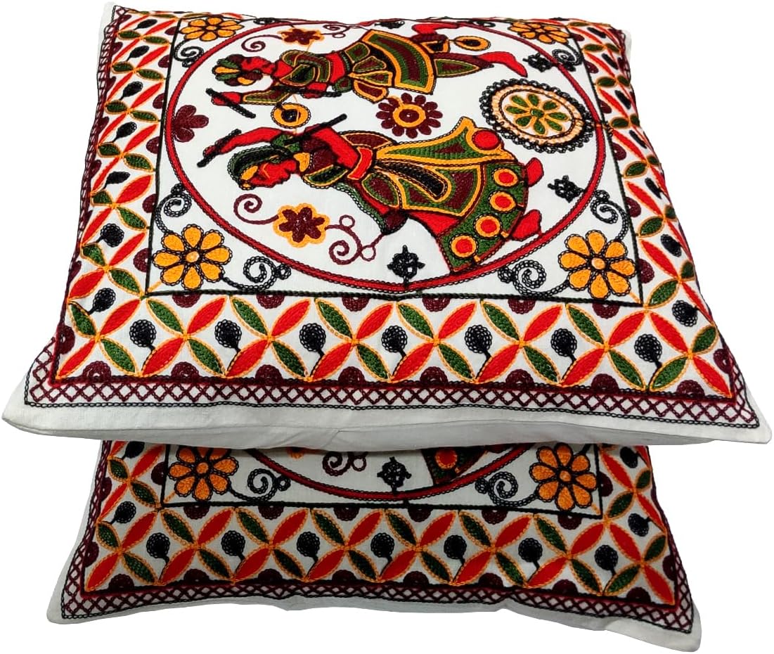 Purpledip Cotton Throw Pillow Cushion Covers 'LoveSong': Ethnic Design Embroidery, Set of 2, 16 Inches (12445K)