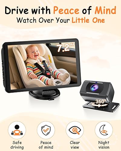 Miniatura 5 de Cámara de Coche para Bebé Rohent de 7.2 Pulgadas: Cámara Trasera para Asiento Trasero Infantil de 1080P HD con Visión Nocturna, Rotación de 360°