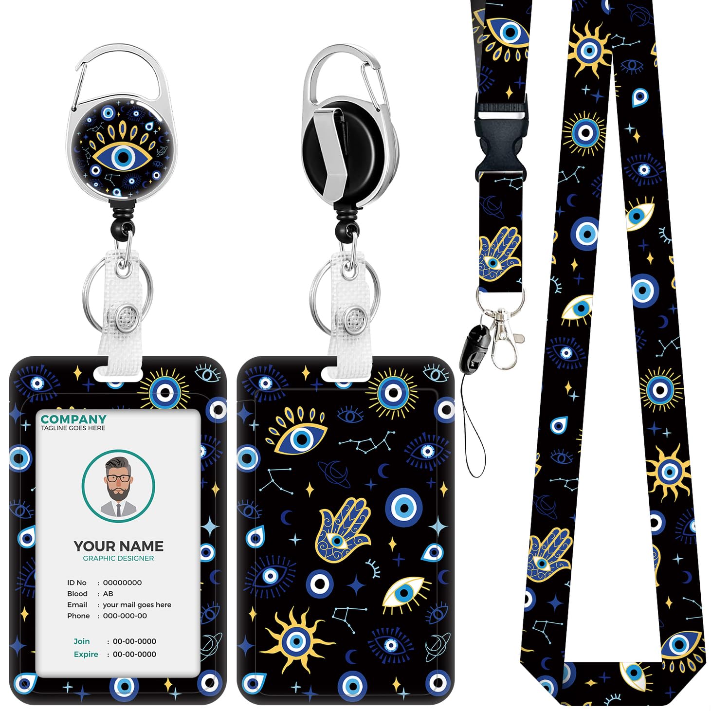 Evil Eye Lanyards for ID Badges, Retractable Heavy Duty with 360 Swivel Carabiner Clip, Breakaway Lanyard, ID Card Holder Keychain Name Badge Clip,